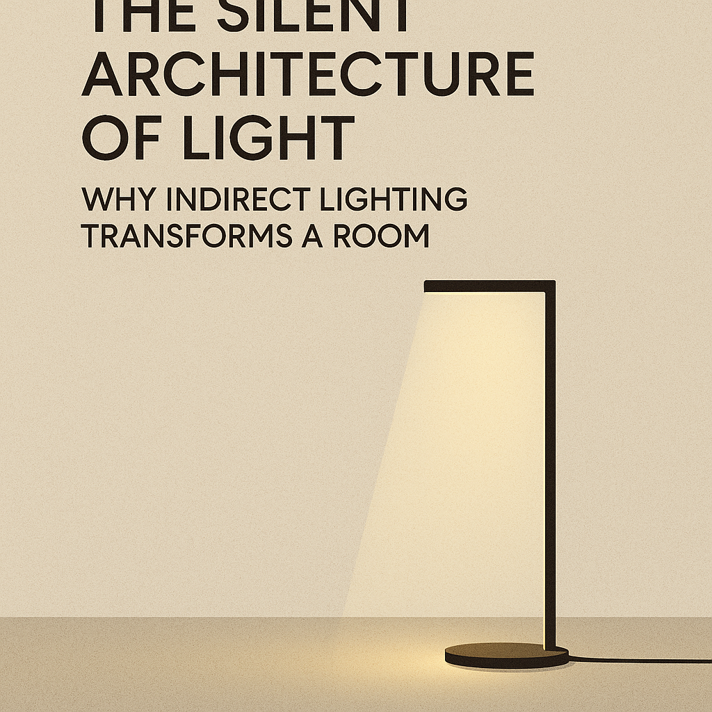 Minimalist digital illustration of a handcrafted Italian light sculpture, representing the poetic contrast between shadow and illumination, created as the cover image for the article ‘The Power of Negative Space in Lighting Design