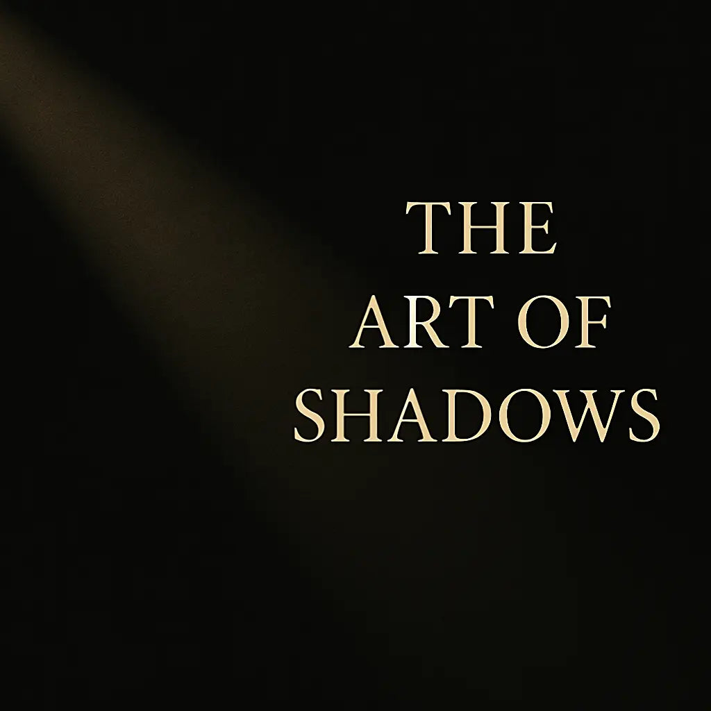 Minimalist dark background with a soft diagonal beam of light and the title ‘The Art of Shadows’, evoking the poetic interplay between light and darkness.