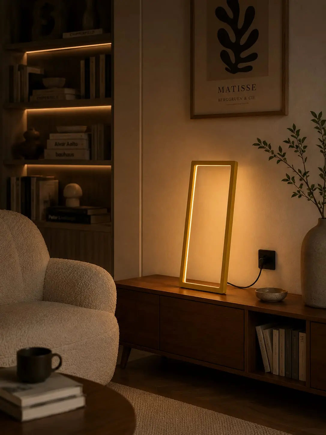 Cornice Table Lamp – sculptural handmade table lamp by Tommaso Cristofaro with slim rectangular frame, warm indirect light and matte sandblasted finish.