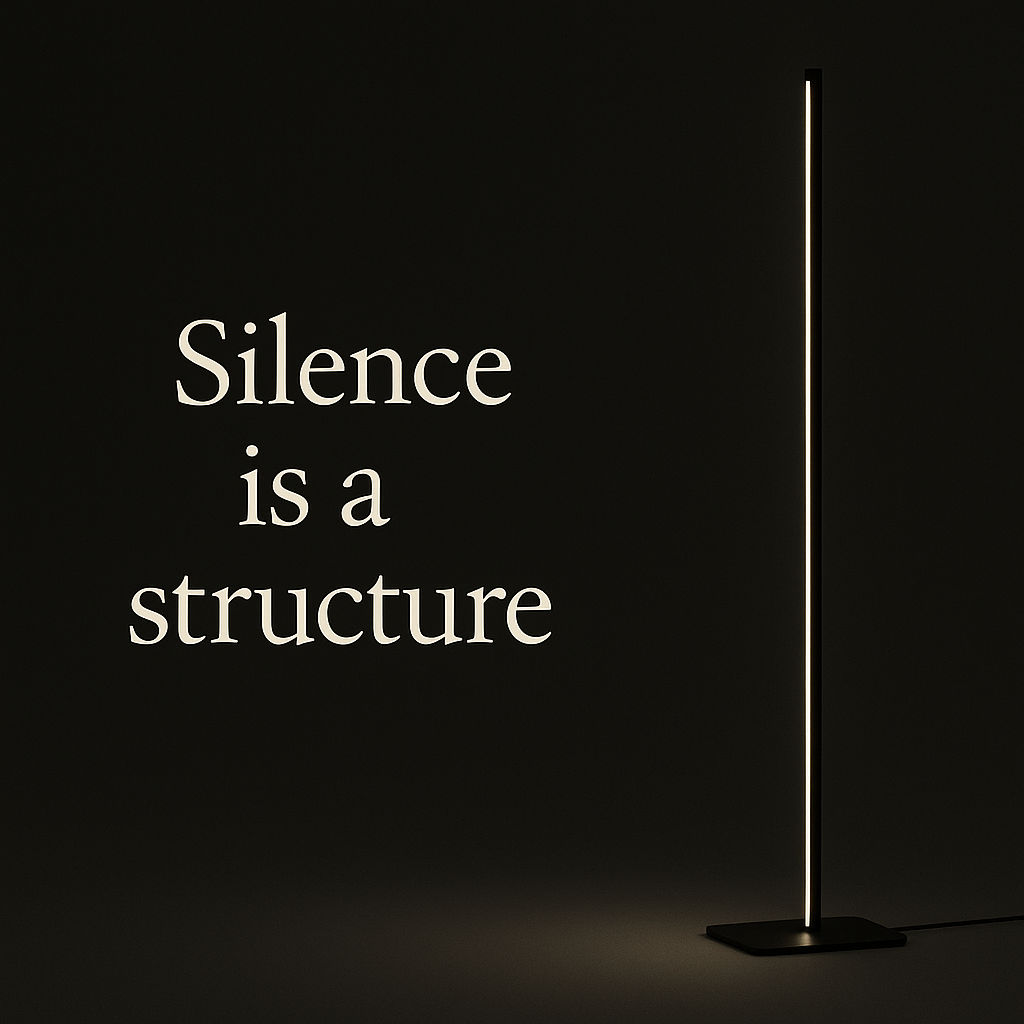 Minimalist warm-light floor lamp on a black background beside the phrase “Silence is a structure” in refined serif typography — quiet, architectural, contemplative design aesthetic.