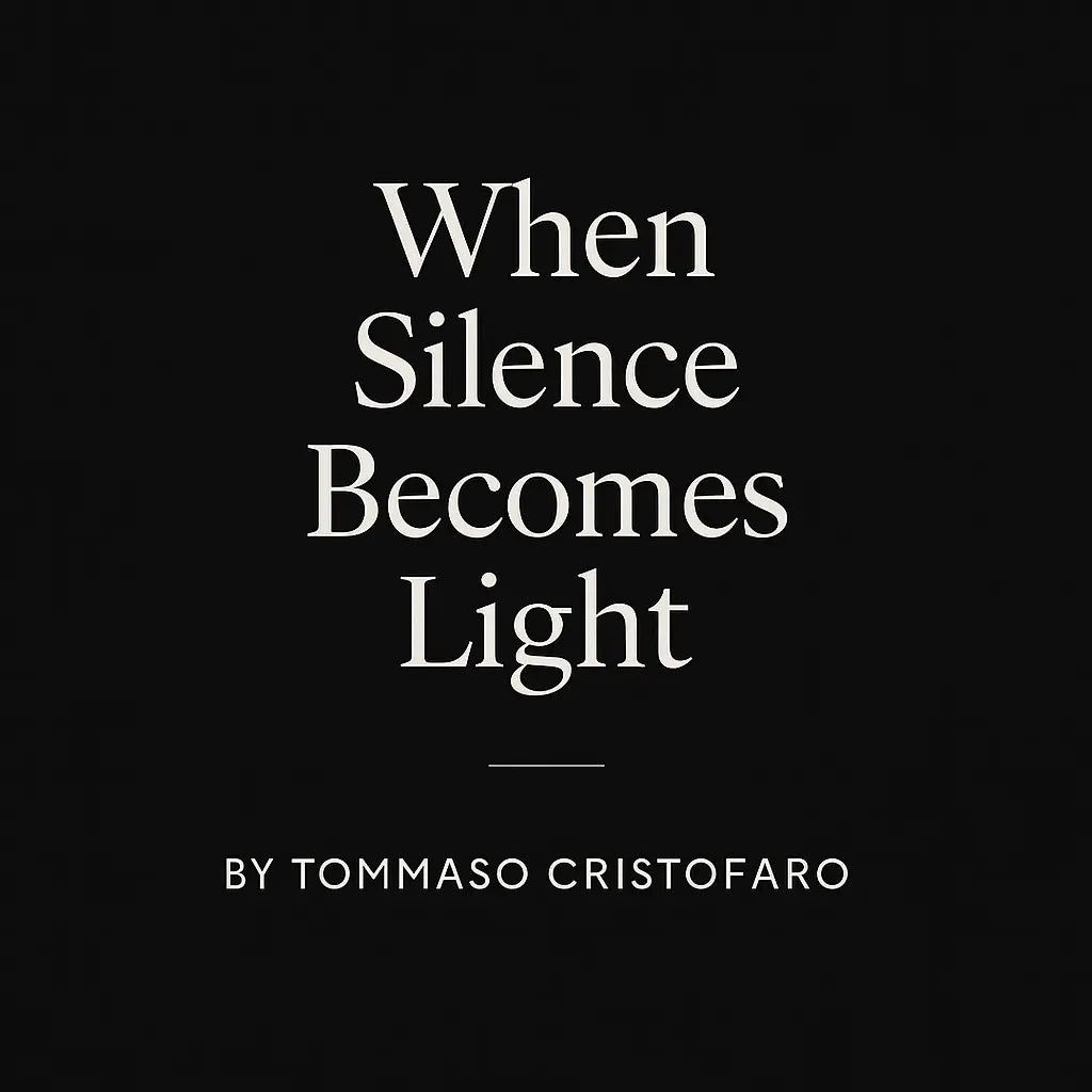 Minimalist black background featuring elegant white serif typography reading “When Silence Becomes Light” with “By Tommaso Cristofaro” and “CristofaroLuce” below, evoking calm and sophistication.