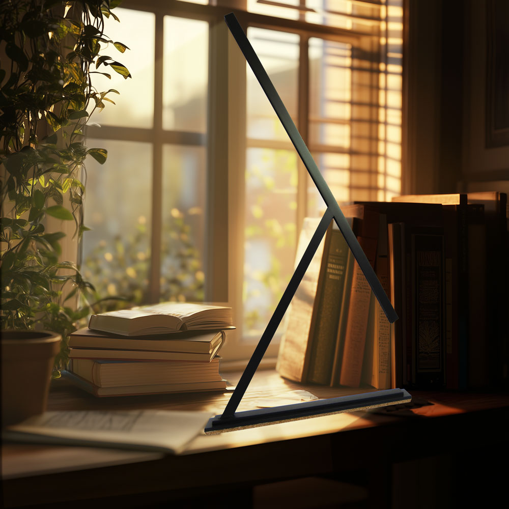 Minimalist table lamp by Tommaso Cristofaro integrated into contemporary architecture, designed to remain discreet by day and create atmospheric indirect light at night