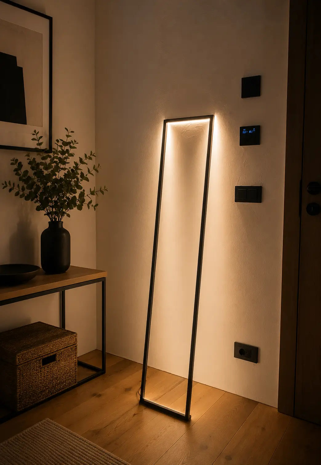 Cornice sculptural floor lamp by Tommaso Cristofaro casting warm indirect light onto a minimalist interior wall.