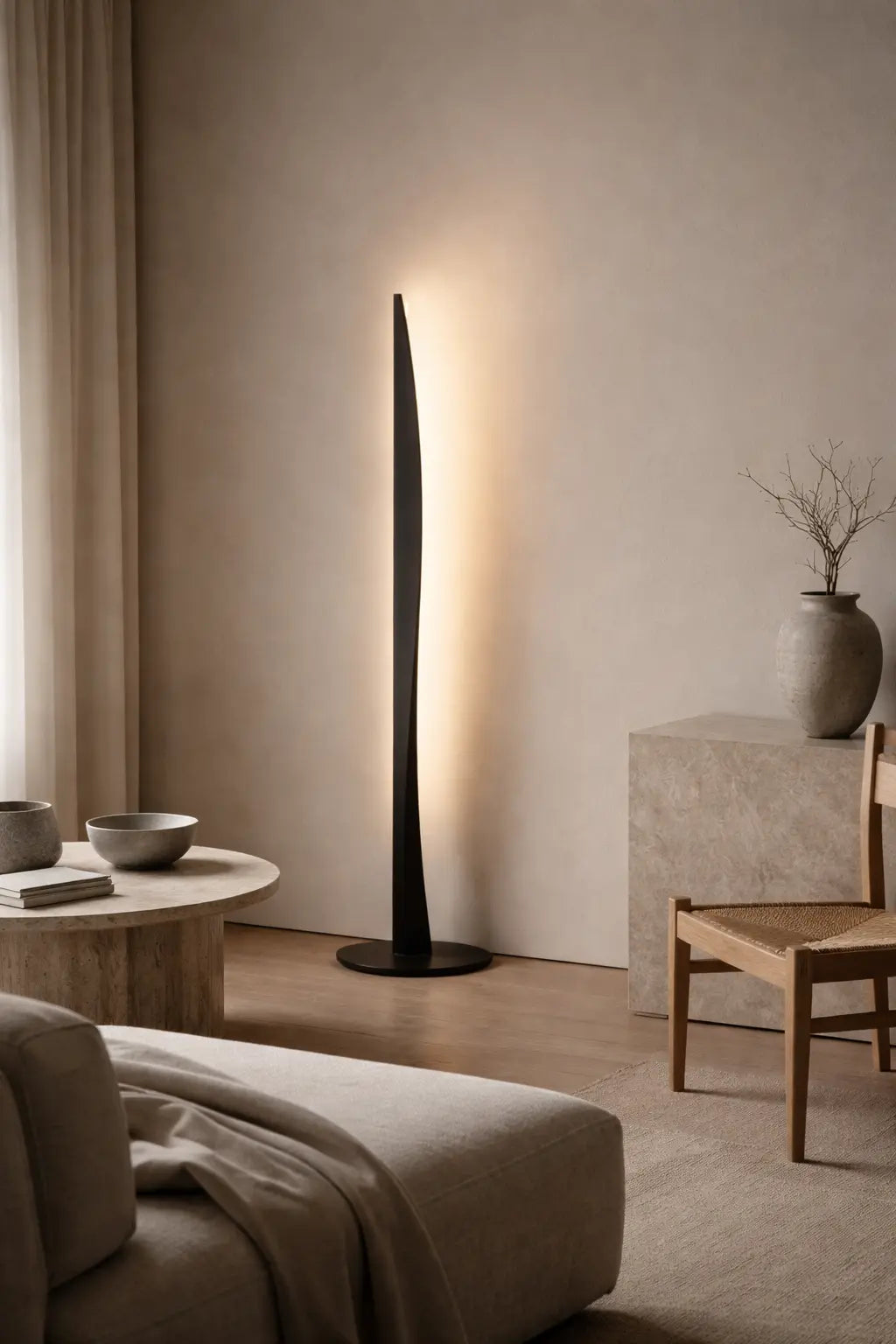Minimalist sculptural floor lamp casting a warm indirect glow in a refined contemporary interior, creating a silent focal point of balance, depth, and atmosphere