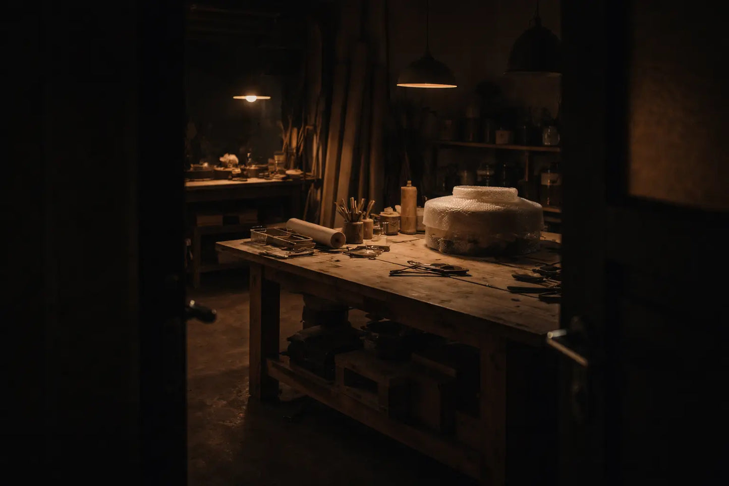 A silent workshop at the end of the day, where a handmade lamp rests on the workbench, surrounded by tools and warm shadows.