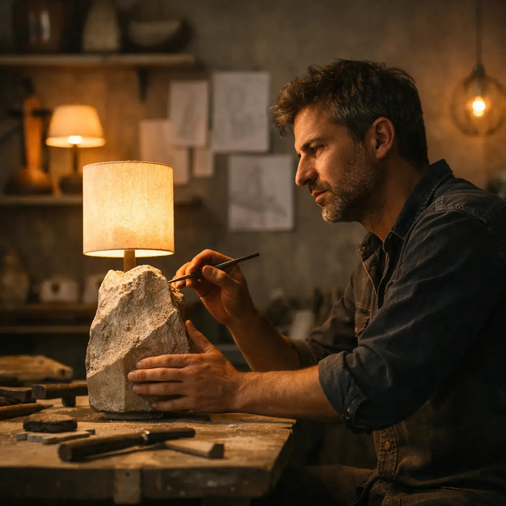 Artisan working in a warm, dimly lit atelier while shaping a handmade lamp, capturing the emotion and quiet satisfaction behind the creative process.