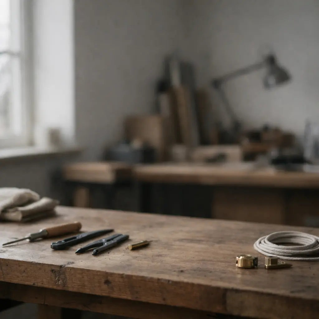 Quiet winter artisan workshop with a wooden workbench, hand tools, and soft natural daylight, evoking craftsmanship, time, and contemplation