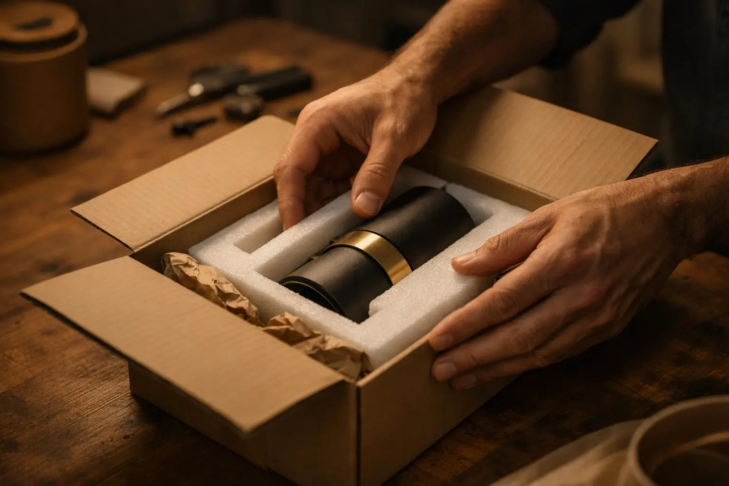 Hands carefully packaging a handcrafted CristofaroLuce lamp in warm atelier light before shipping