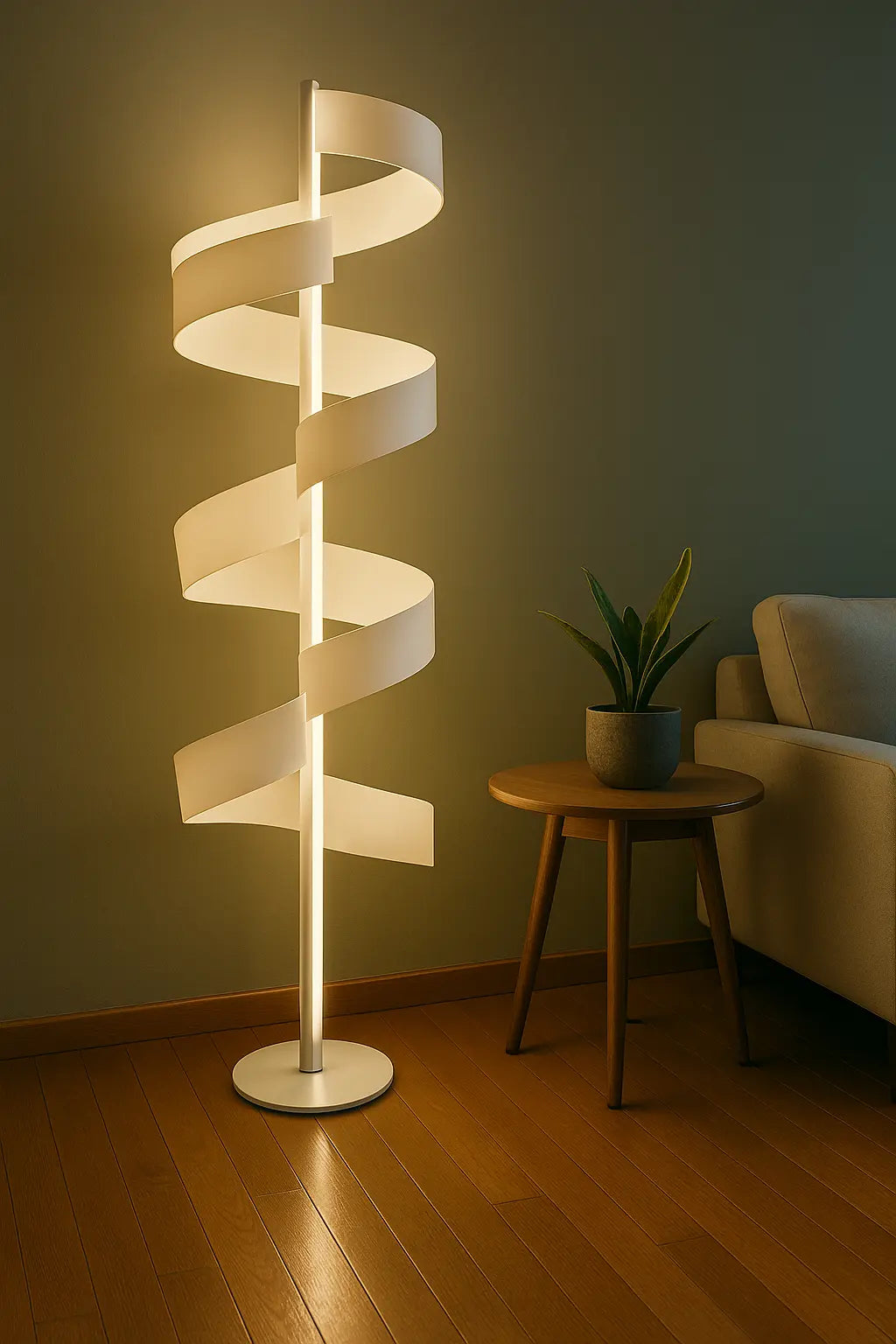 Aura floor lamp in a minimal contemporary interior, emitting soft indirect light against the wall with matte sandblasted finish and essential geometric structure by Tommaso Cristofaro