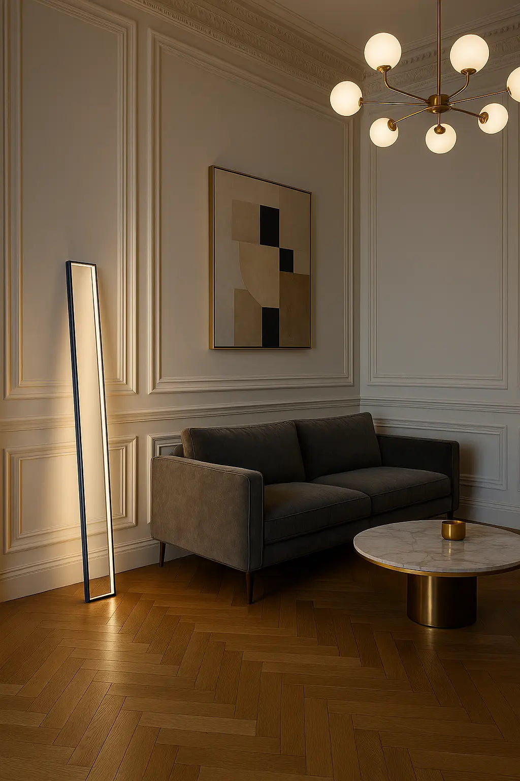 Indirect floor lamp creating warm ambient lighting in modern living room