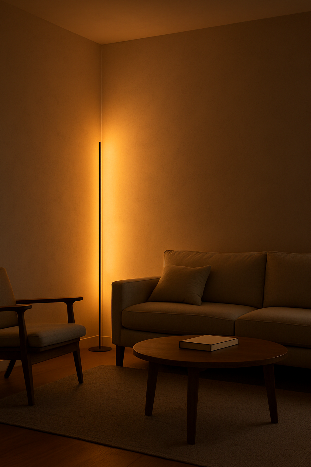 minimalist floor lamp casting indirect warm light onto a wall creating calm atmospheric interior lighting