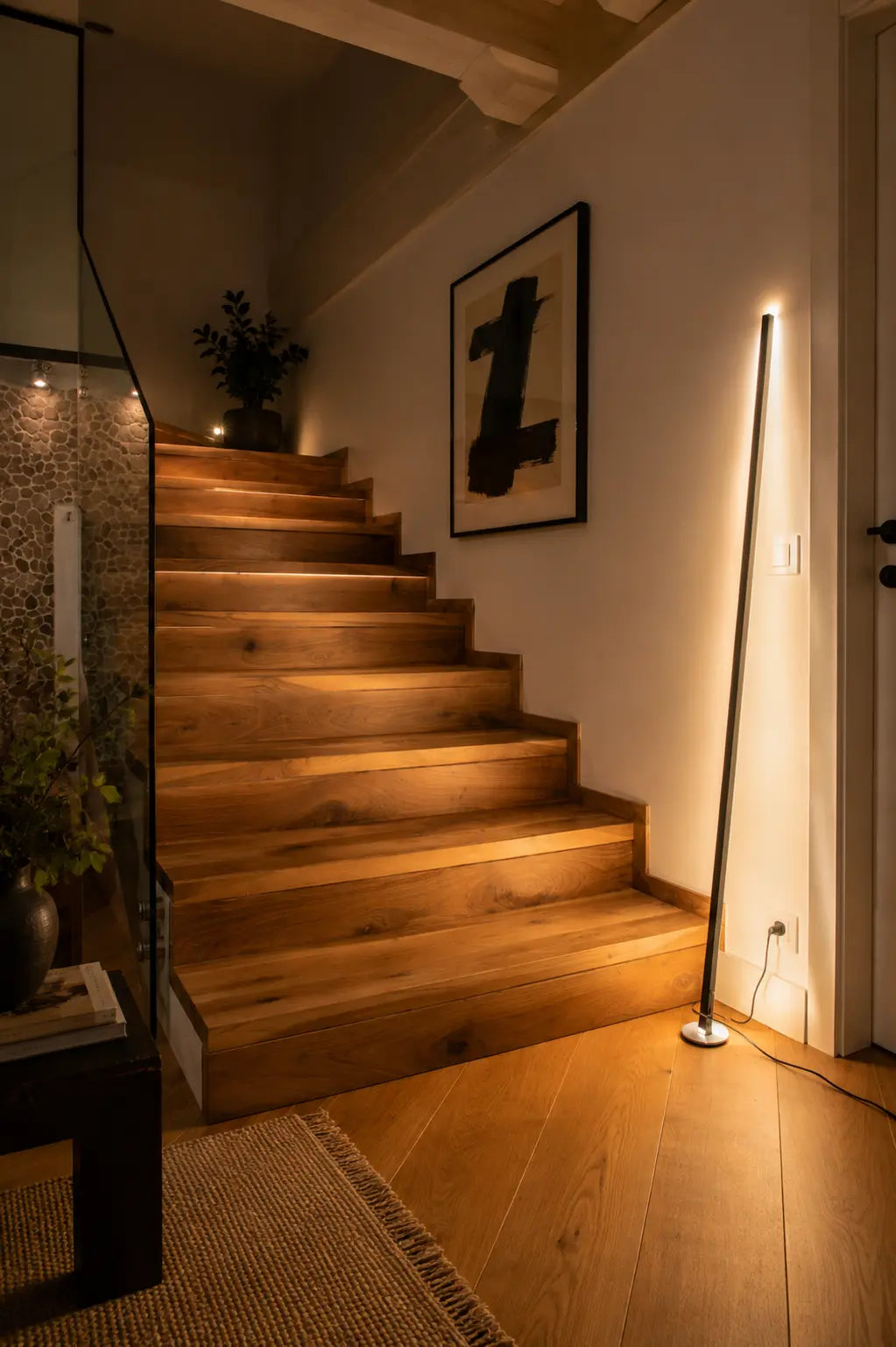 Gica Contra Floor Lamp 150 standing near a wall, showing its slim sculptural form and warm indirect light in a contemporary interior