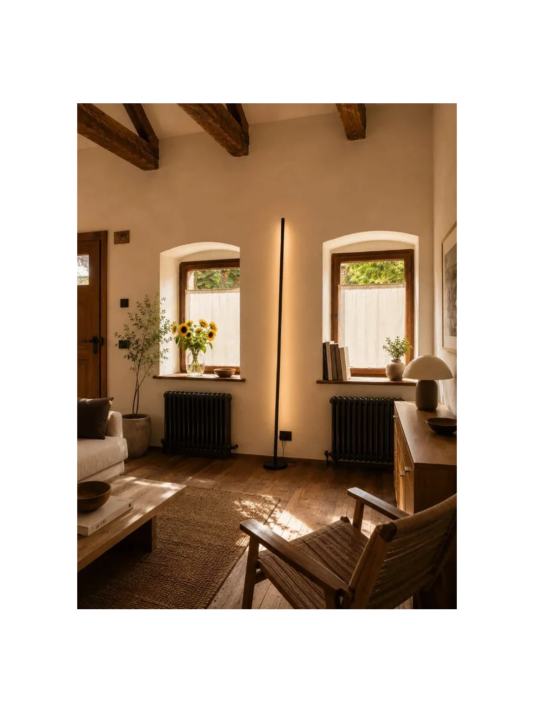 Gica Contra Floor Lamp 195 standing near a wall, showing its slim sculptural form and warm indirect light in a contemporary interior