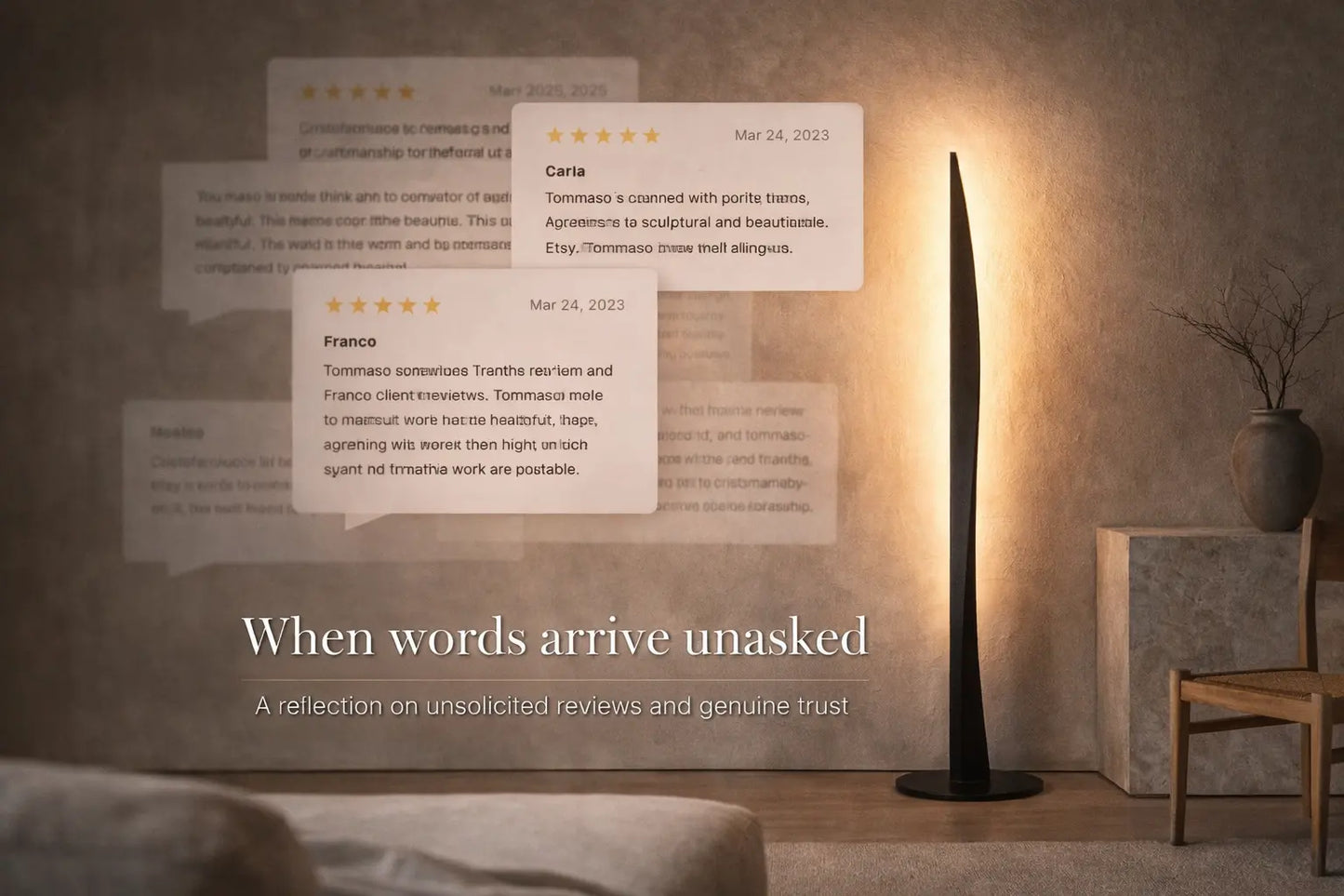 Handcrafted sculptural floor lamp in a refined contemporary interior, symbolizing authentic customer reviews, trust, and minimalist lighting design by Tommaso Cristofaro