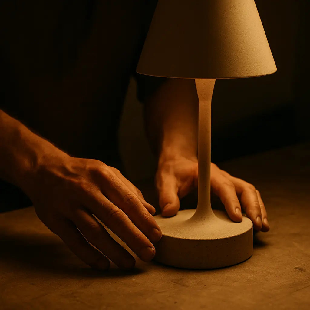 Hands crafting a handmade lamp under warm, soft light, highlighting texture, material, and human imperfection