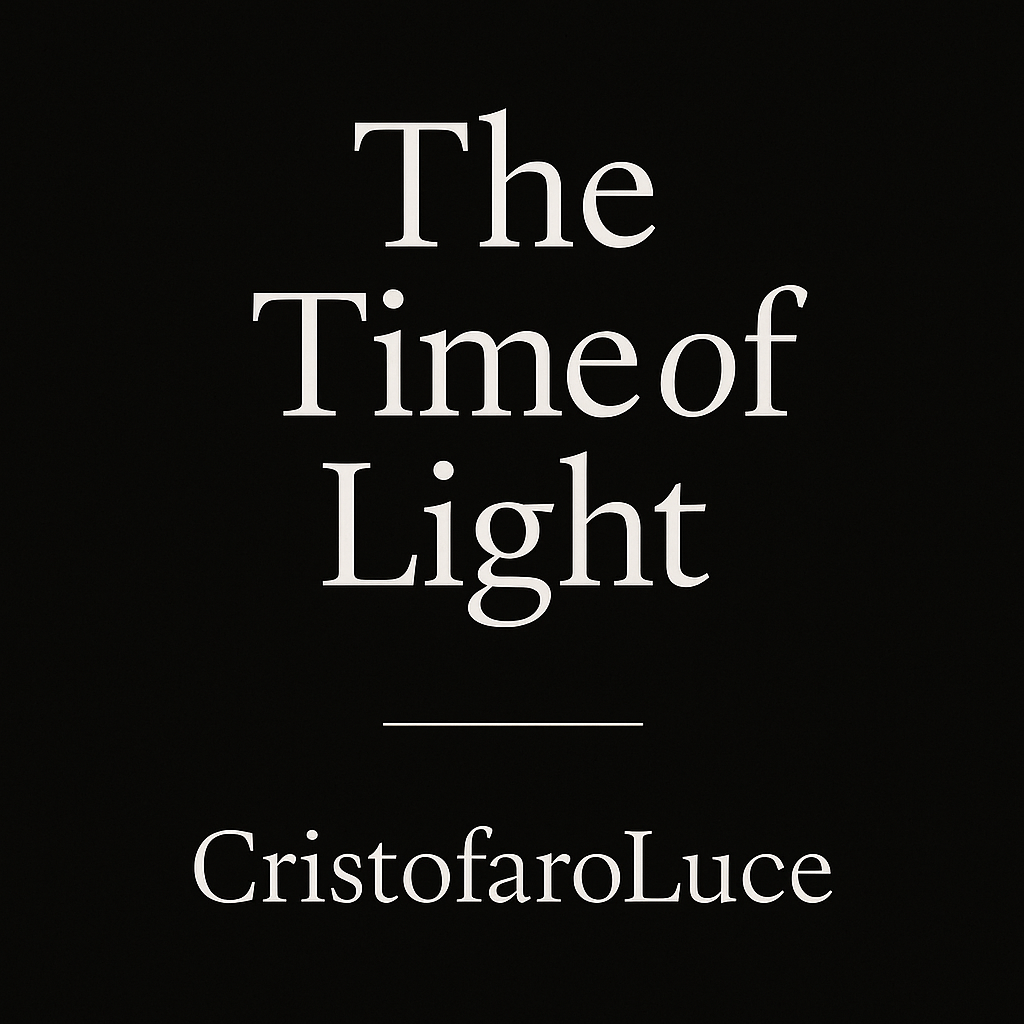 Minimalist black background with elegant white serif typography centered on the image, reading “The Time of Light” with “CristofaroLuce” beneath it. The design conveys sophistication, balance, and the timeless aesthetic of the CristofaroLuce brand.