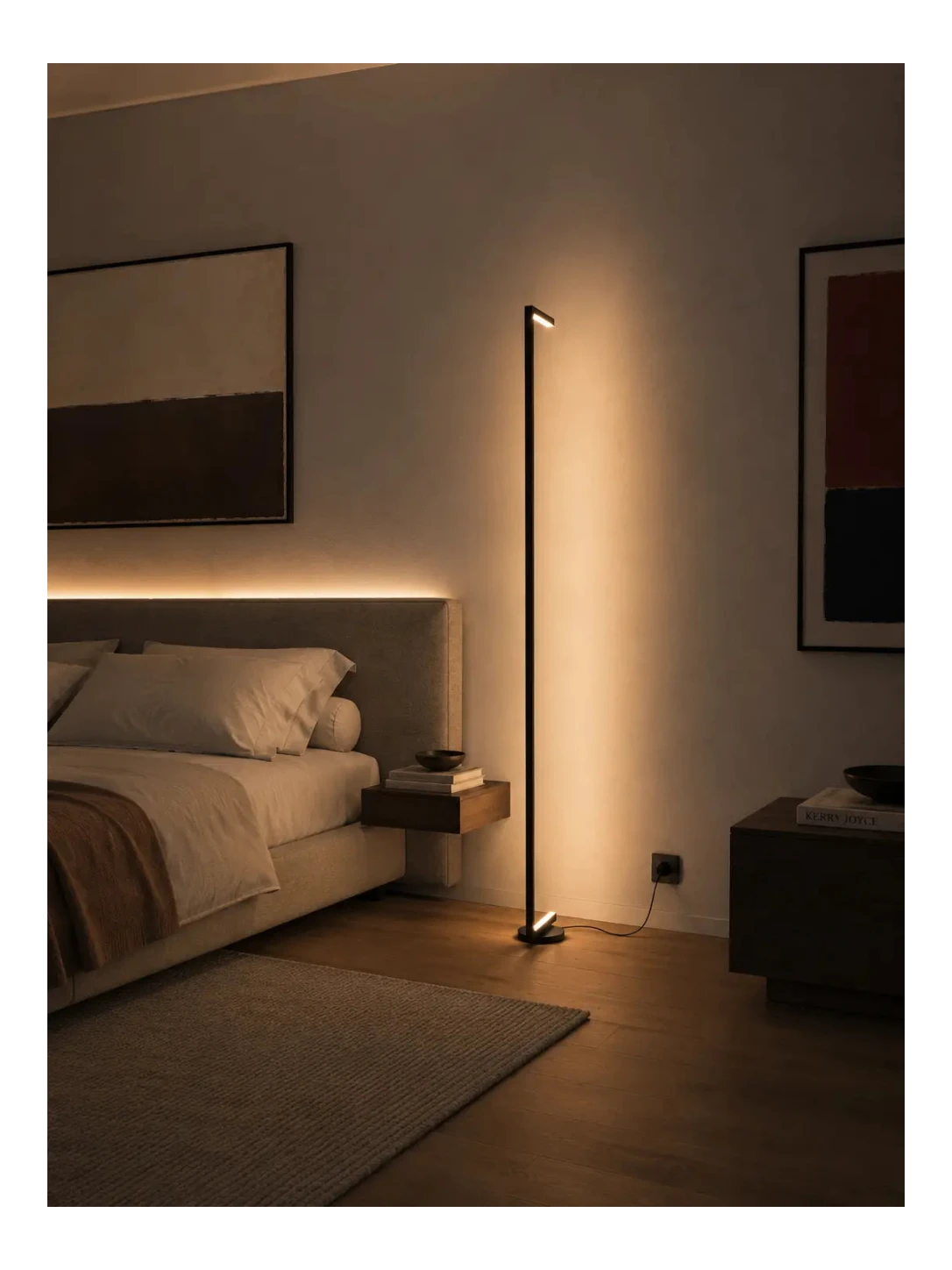 Tratto Floor Lamp by Tommaso Cristofaro in a modern minimalist interior, casting warm indirect light against the wall with a slim sculptural presence.