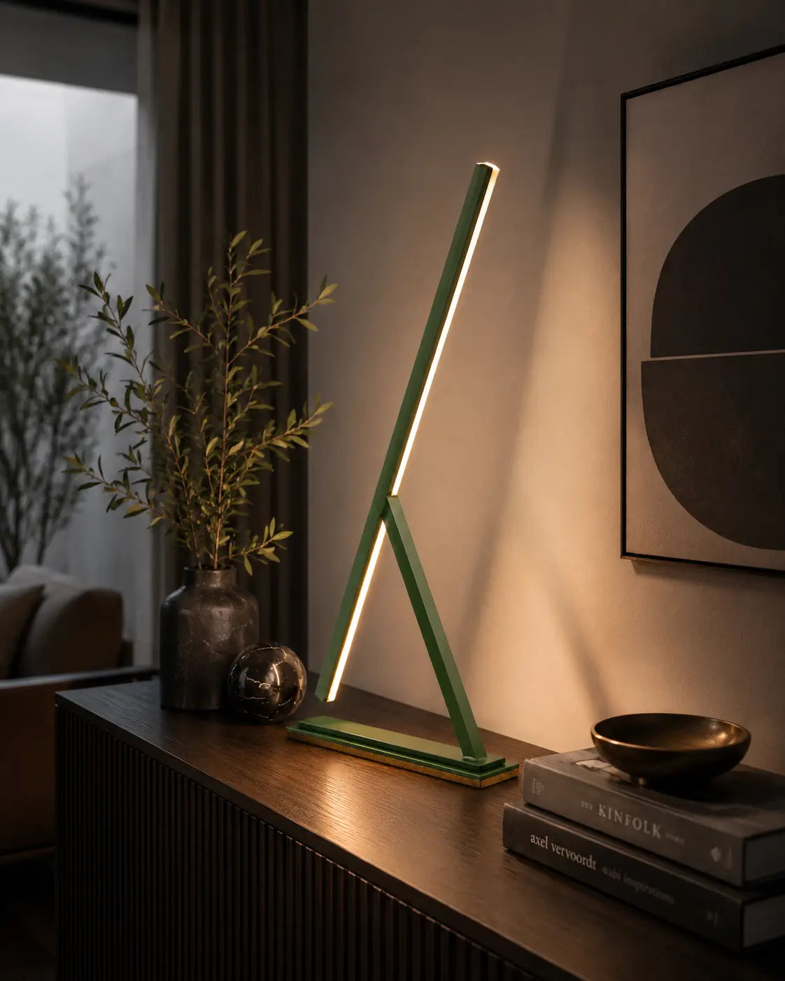 Colorful handmade Achille table lamps by Tommaso Cristofaro, minimalist sculptural lighting in red, blue, yellow and dark grey with natural cork base.