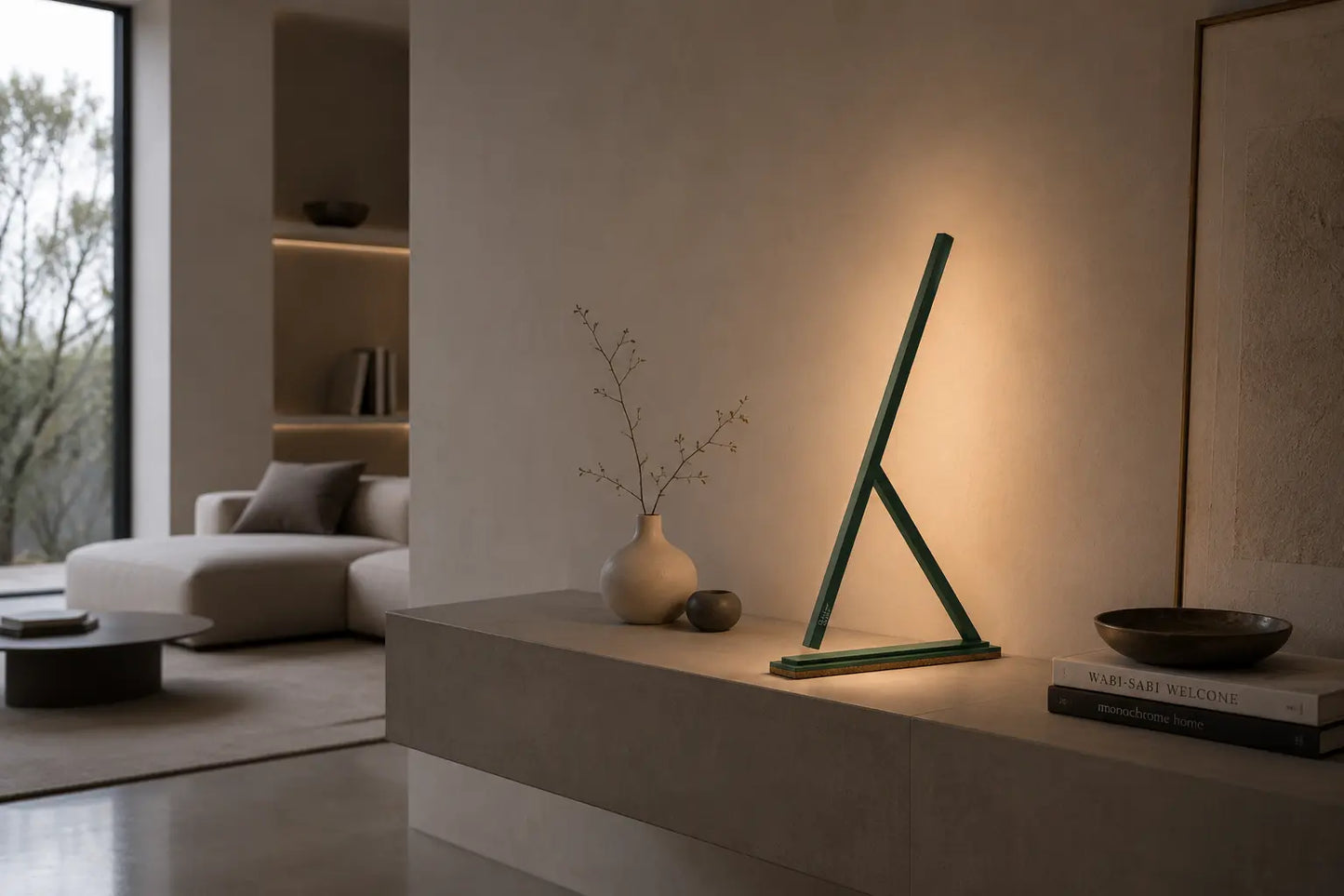 Colorful handmade Achille table lamps by Tommaso Cristofaro, minimalist sculptural lighting in red, blue, yellow and dark grey with natural cork base.