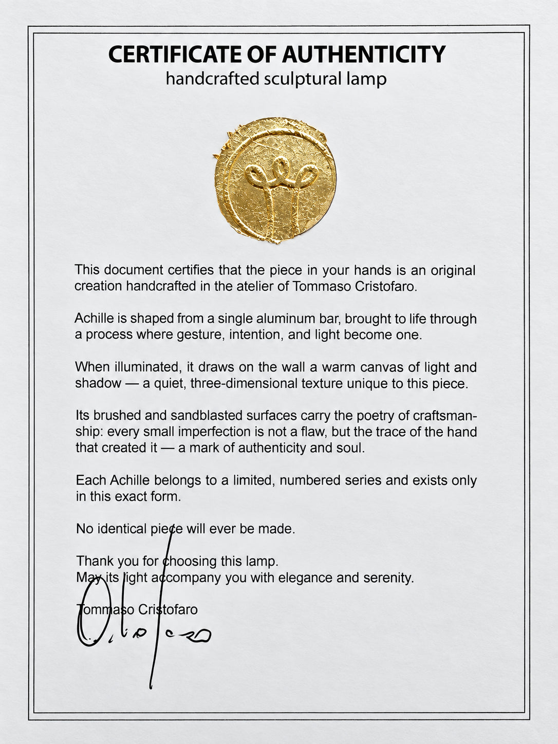 CristofaroLuce certificate of authenticity - front