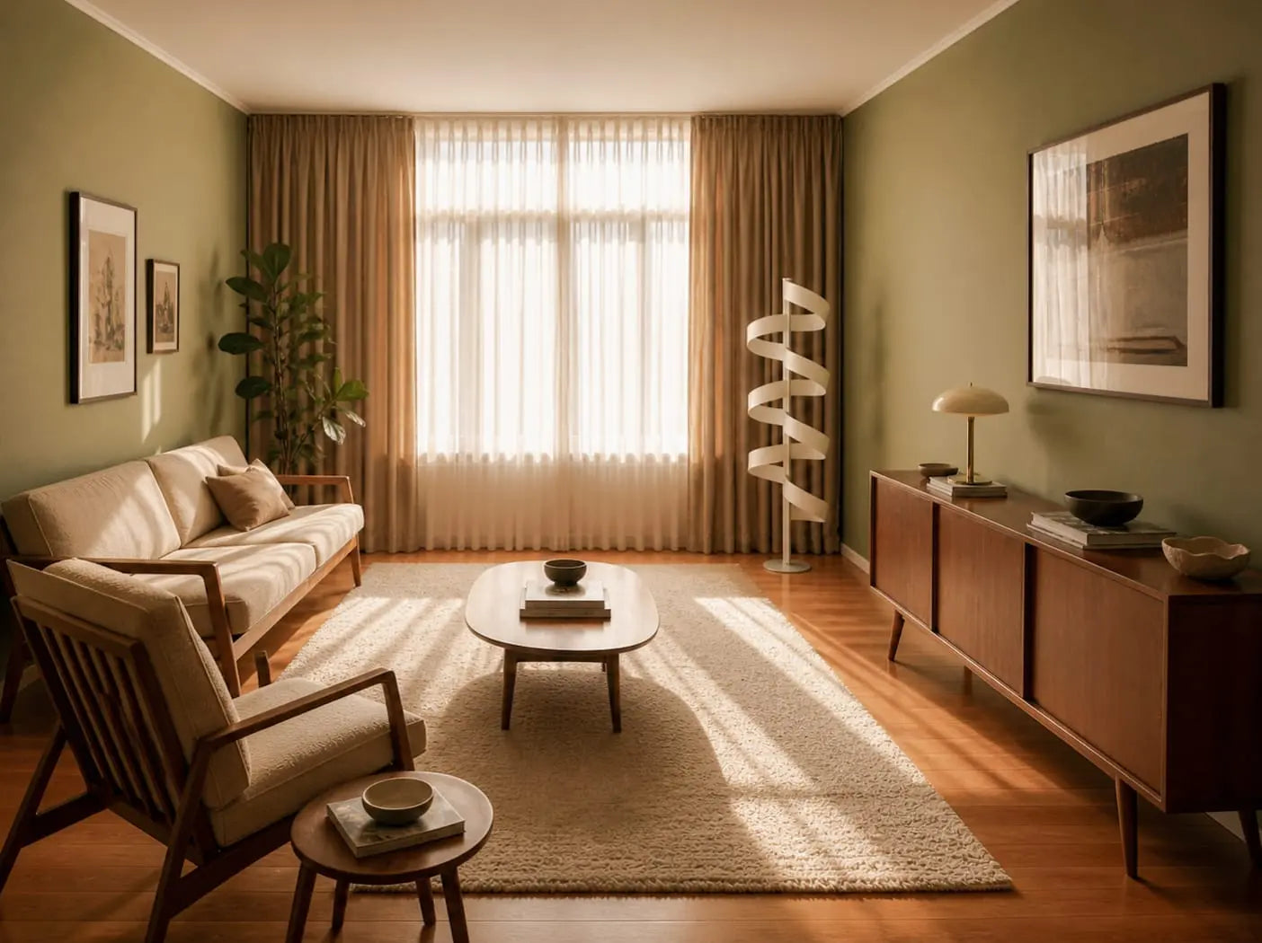 Mid-century modern living room with a sculptural floor lamp, warm natural light, wooden furniture, and a refined quiet luxury atmosphere.