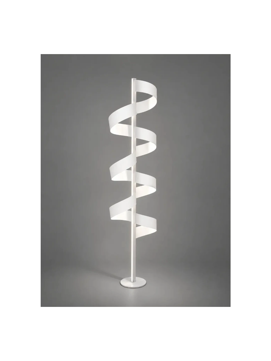 Aura Floor Lamp by Tommaso Cristofaro, handmade white sculptural floor lamp with spiral form and warm indirect light, photographed in a refined contemporary interior.
