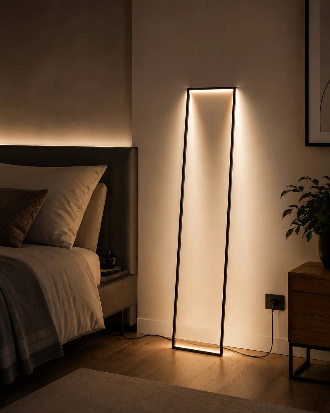 Cornice floor lamp by Tommaso Cristofaro in a refined private study with dark wood bookshelves and warm indirect light.