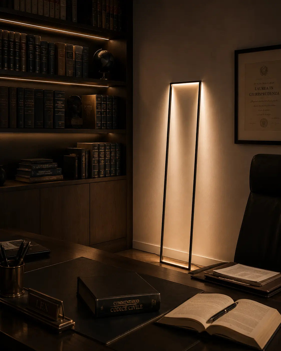 Cornice floor lamp by Tommaso Cristofaro in a refined private study with dark wood bookshelves and warm indirect light.