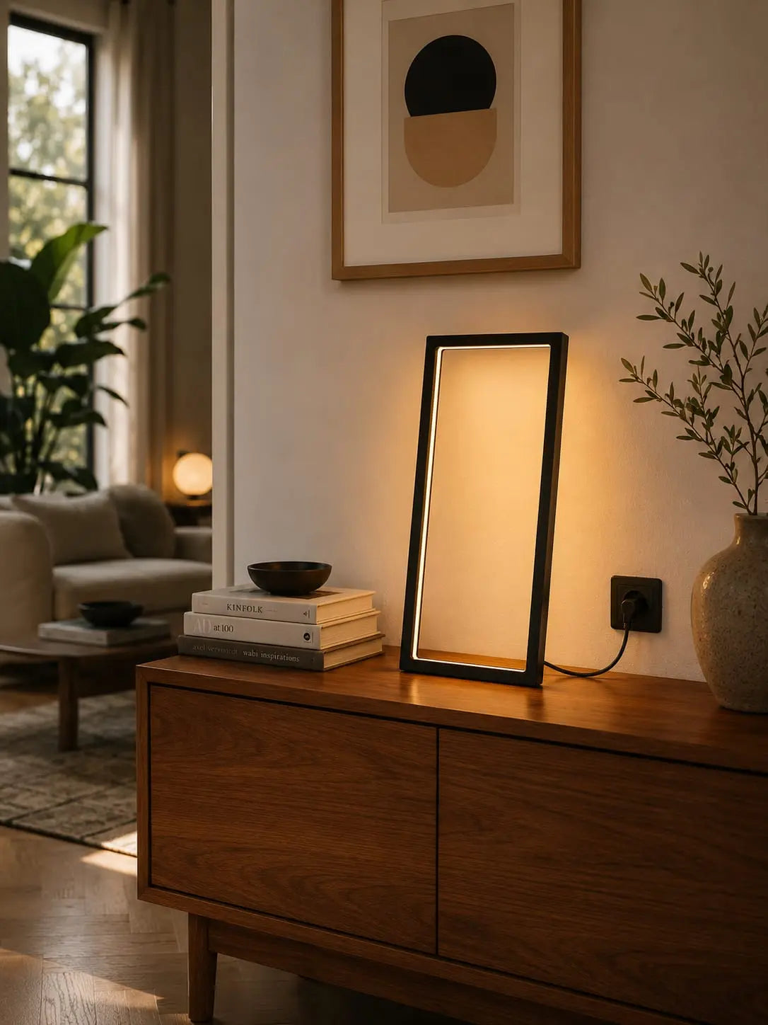 Cornice Table Lamp by Tommaso Cristofaro on a wooden sideboard, casting warm indirect light in an elegant mid-century modern living room.