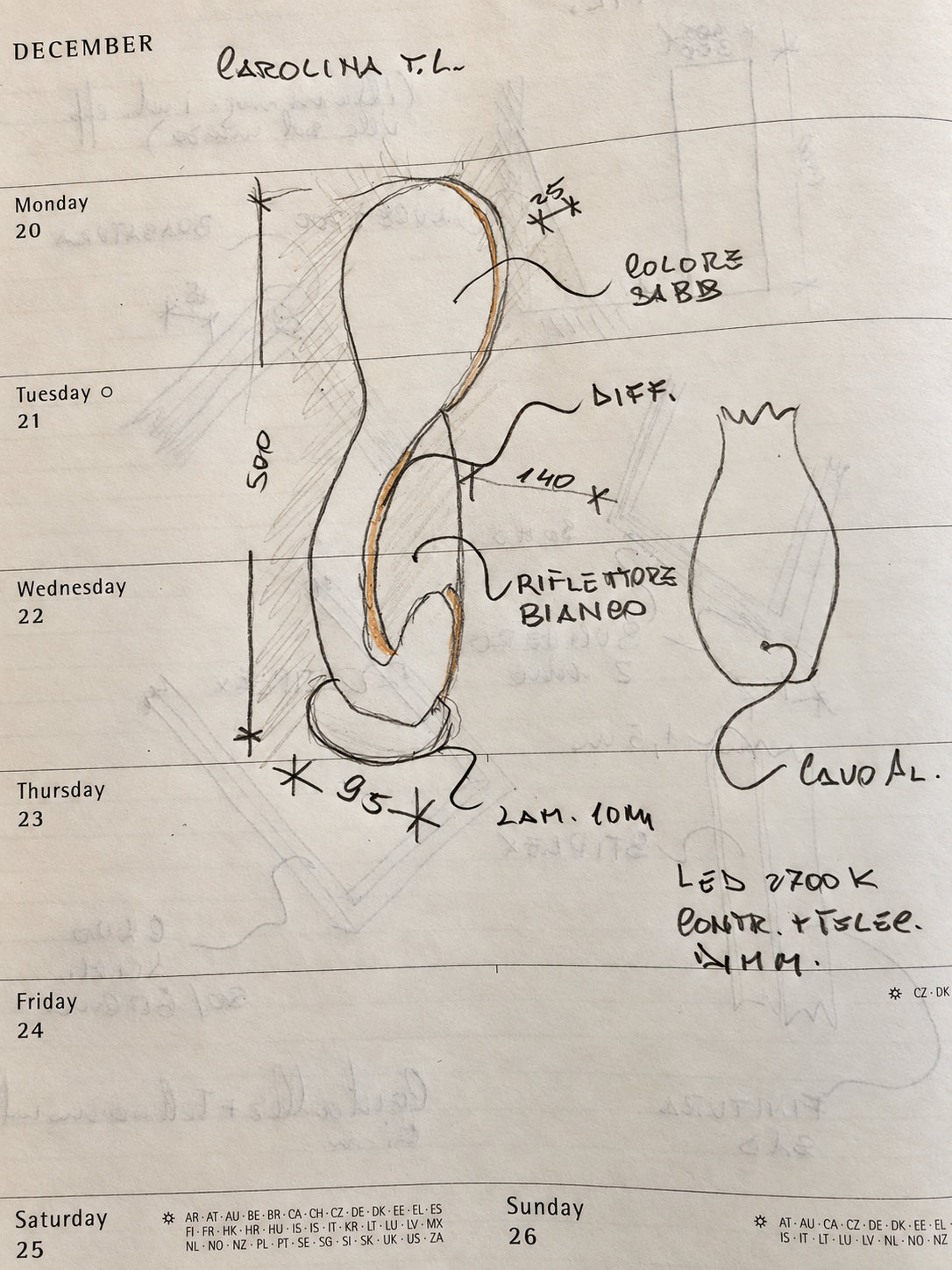 Original design sketch by Tommaso Cristofaro exploring the organic silhouette and sculptural proportions of Carolina Table Lamp.