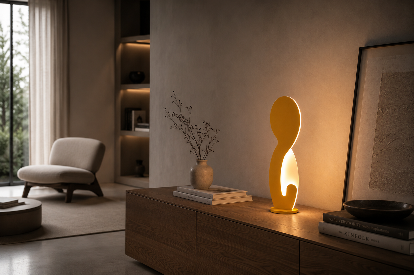 Yellow sculptural table lamp by Tommaso Cristofaro on a wooden sideboard in a minimalist living room, creating warm ambient light with elegant modern decor.