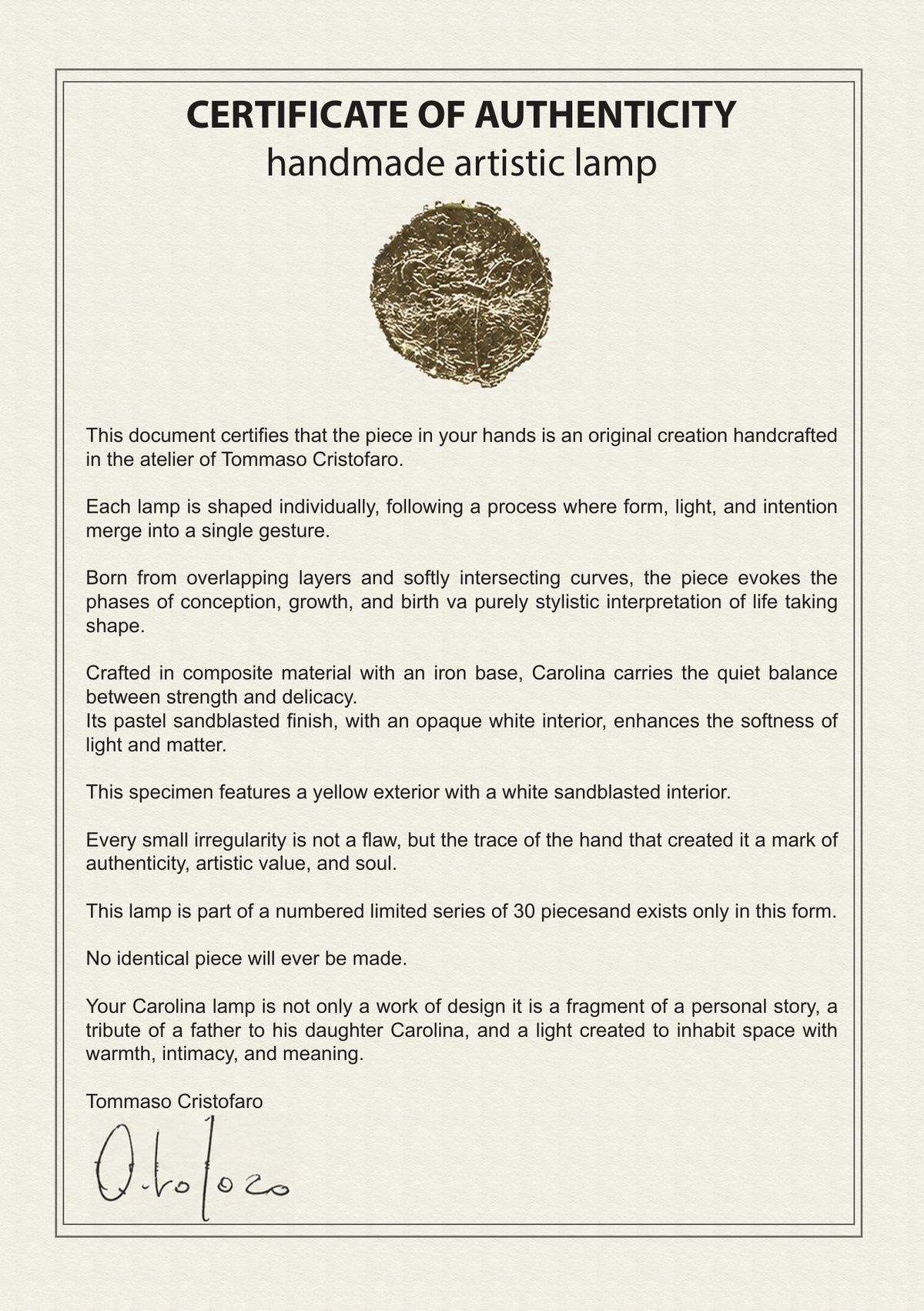 CristofaroLuce certificate of authenticity - front