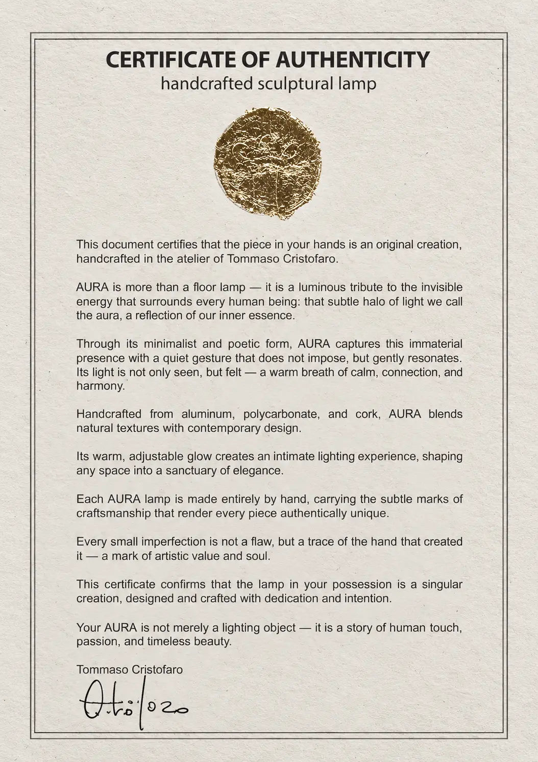 CristofaroLuce certificate of authenticity - front