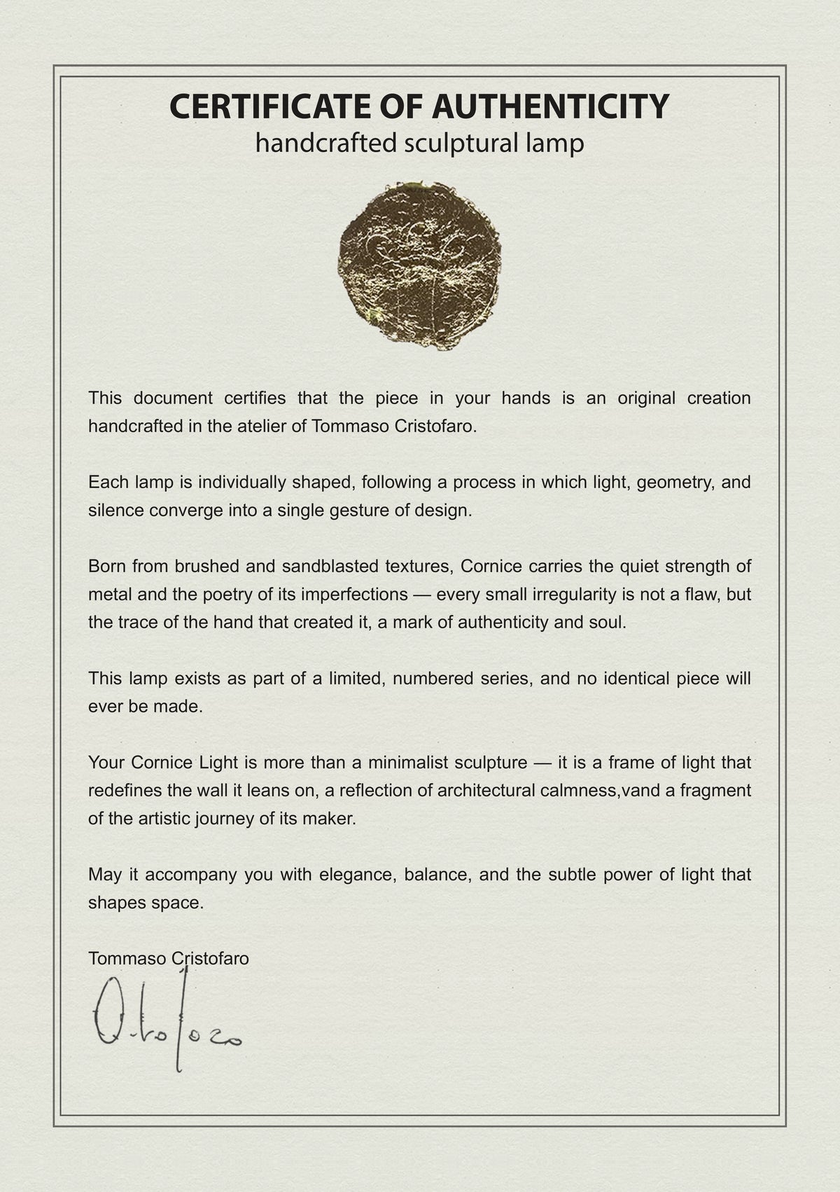 CristofaroLuce certificate of authenticity - front