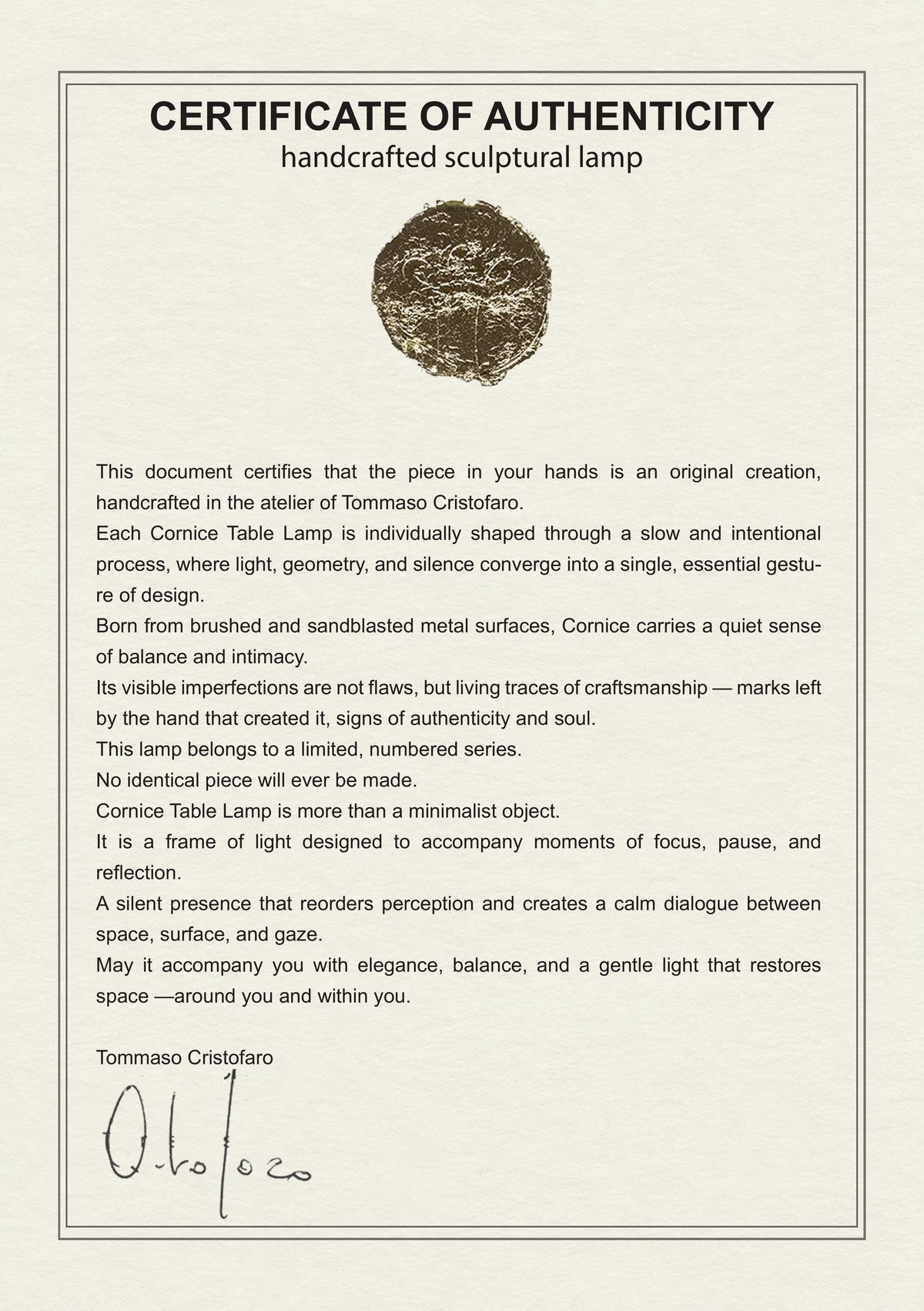 CristofaroLuce certificate of authenticity - front