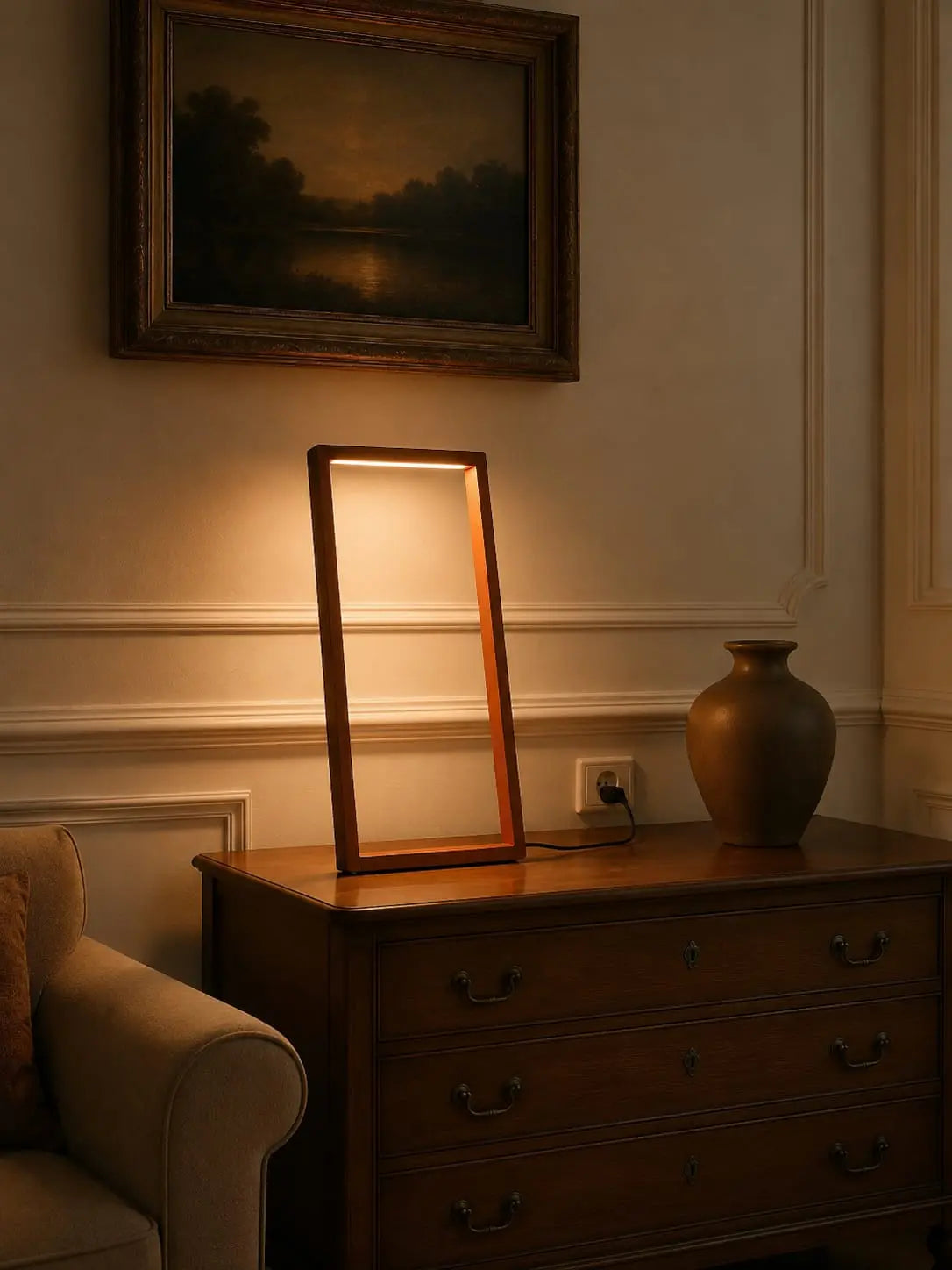 Cornice Table Lamp by Tommaso Cristofaro on a wooden sideboard, casting warm indirect light in an elegant mid-century modern living room.
