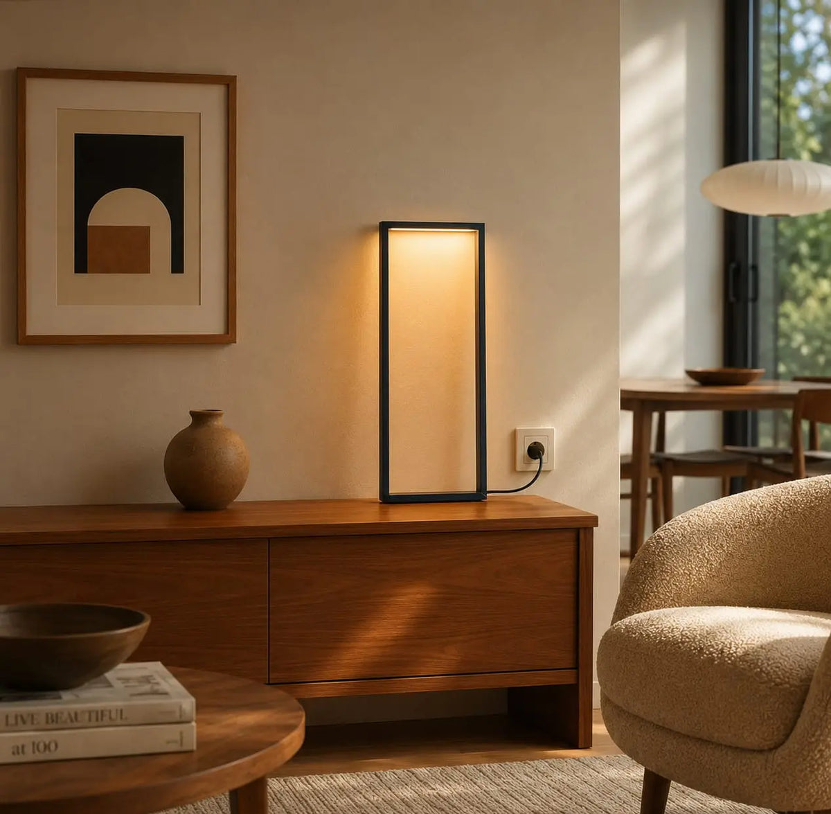 Cornice Table Lamp by Tommaso Cristofaro on a wooden sideboard, casting warm indirect light in an elegant mid-century modern living room.