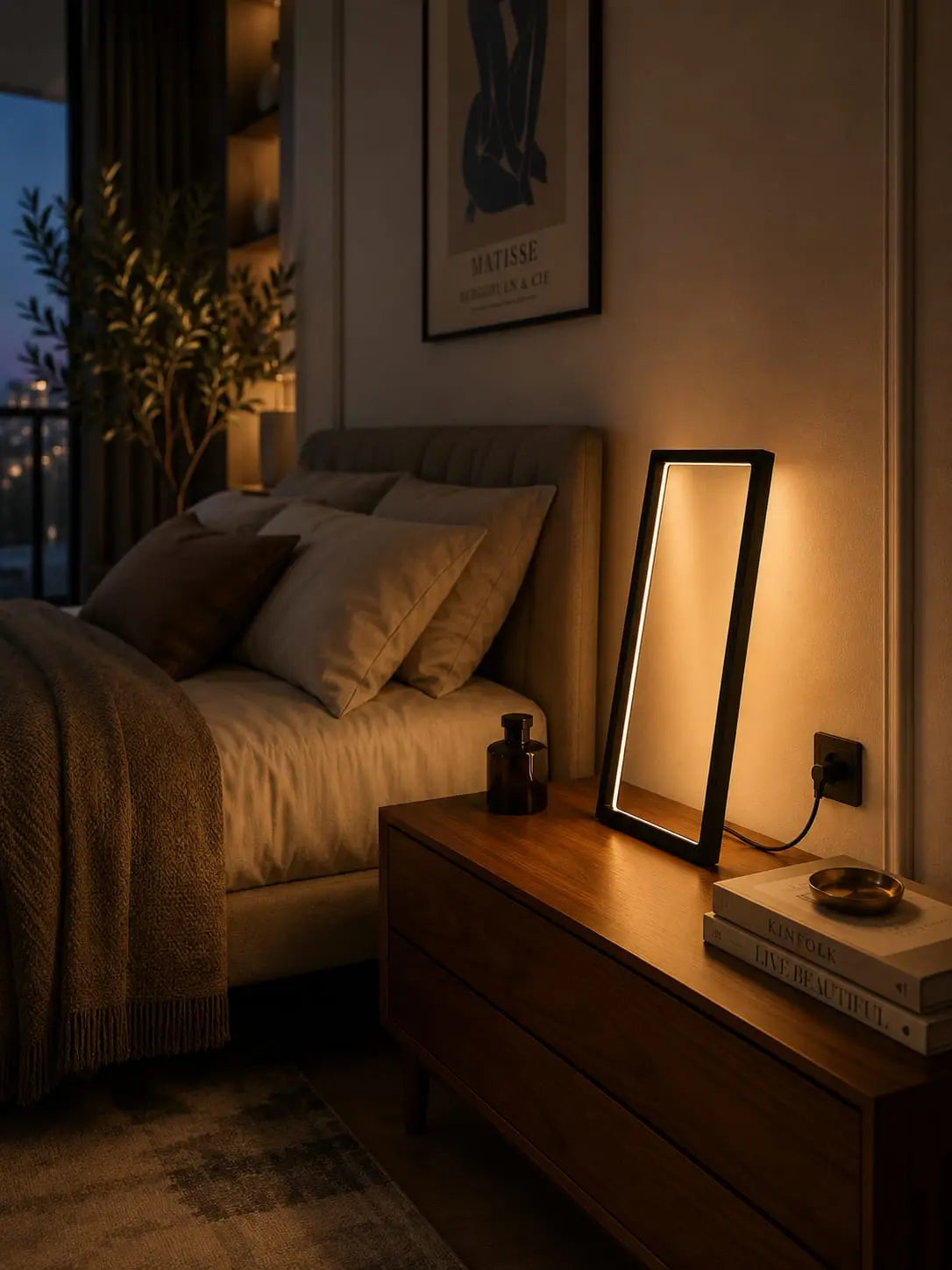Cornice Table Lamp by Tommaso Cristofaro on a wooden sideboard, casting warm indirect light in an elegant mid-century modern living room.