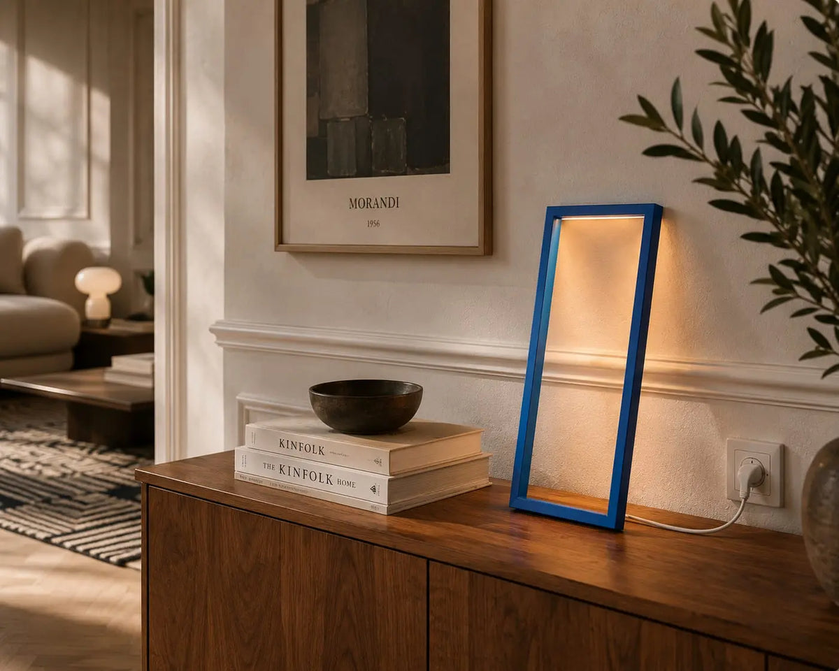 Cornice Table Lamp by Tommaso Cristofaro on a wooden sideboard, casting warm indirect light in an elegant mid-century modern living room.