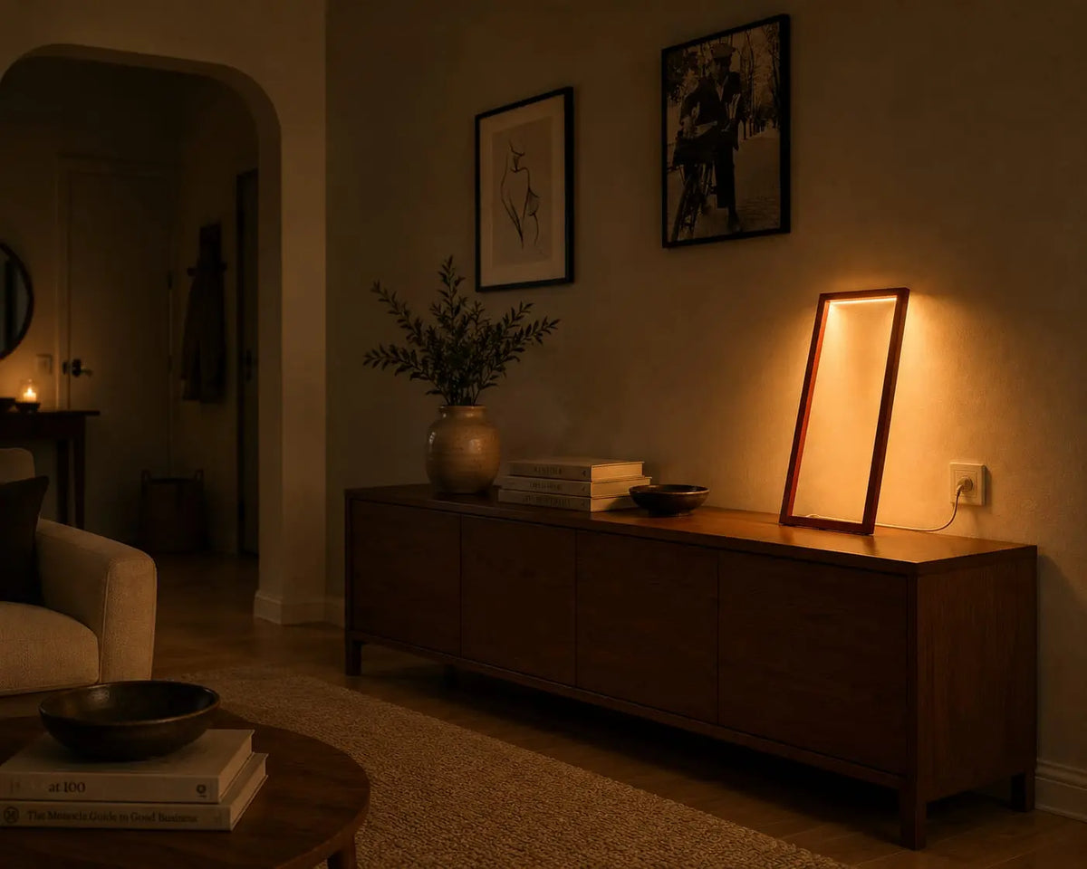 Cornice Table Lamp by Tommaso Cristofaro on a wooden sideboard, casting warm indirect light in an elegant mid-century modern living room.