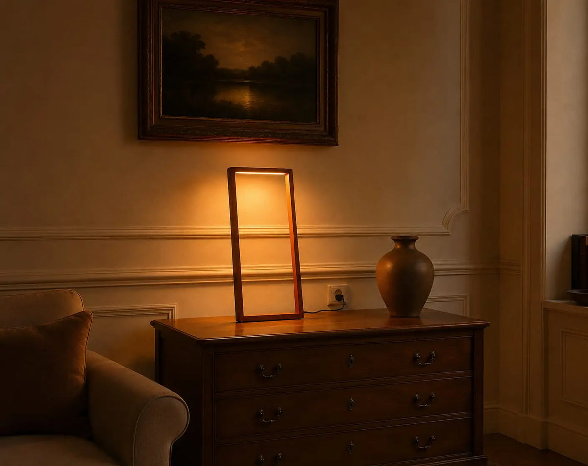 Cornice Table Lamp by Tommaso Cristofaro on a wooden sideboard, casting warm indirect light in an elegant mid-century modern living room.