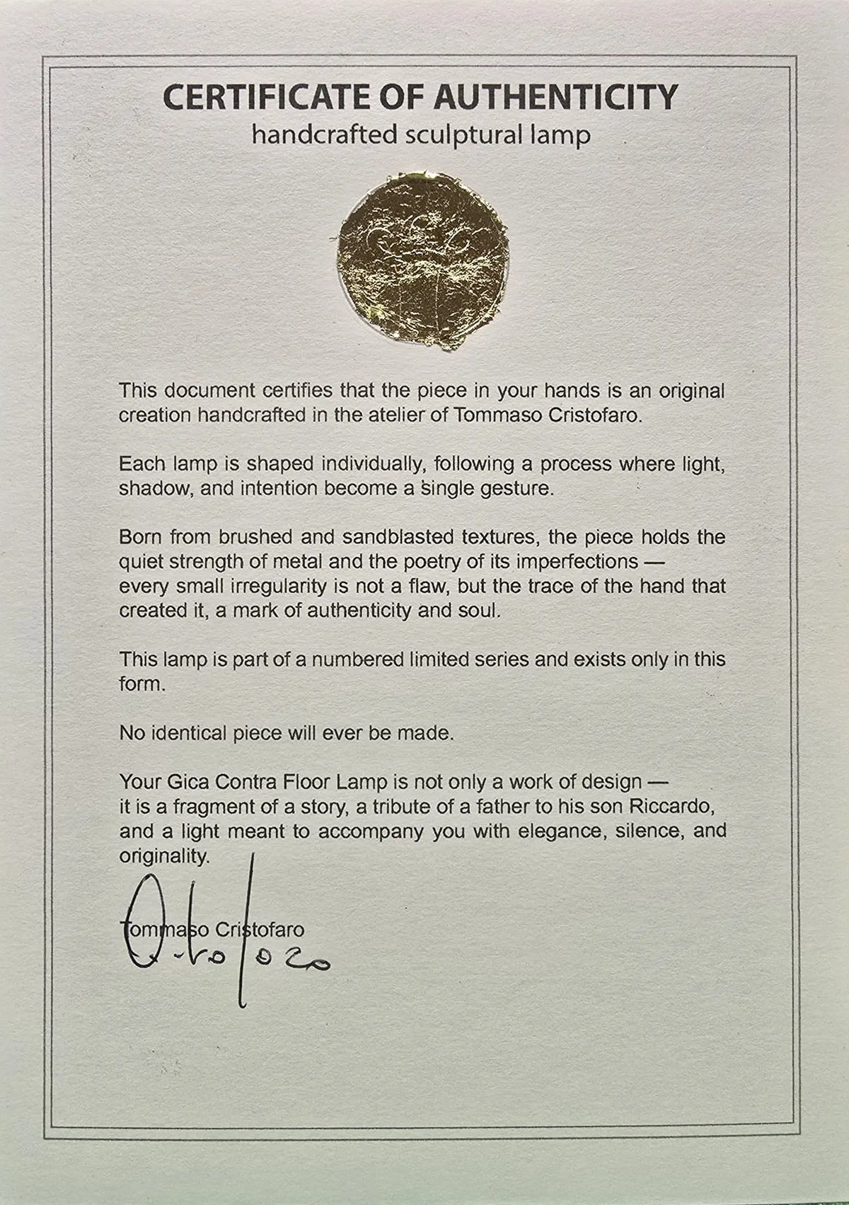 CristofaroLuce certificate of authenticity front