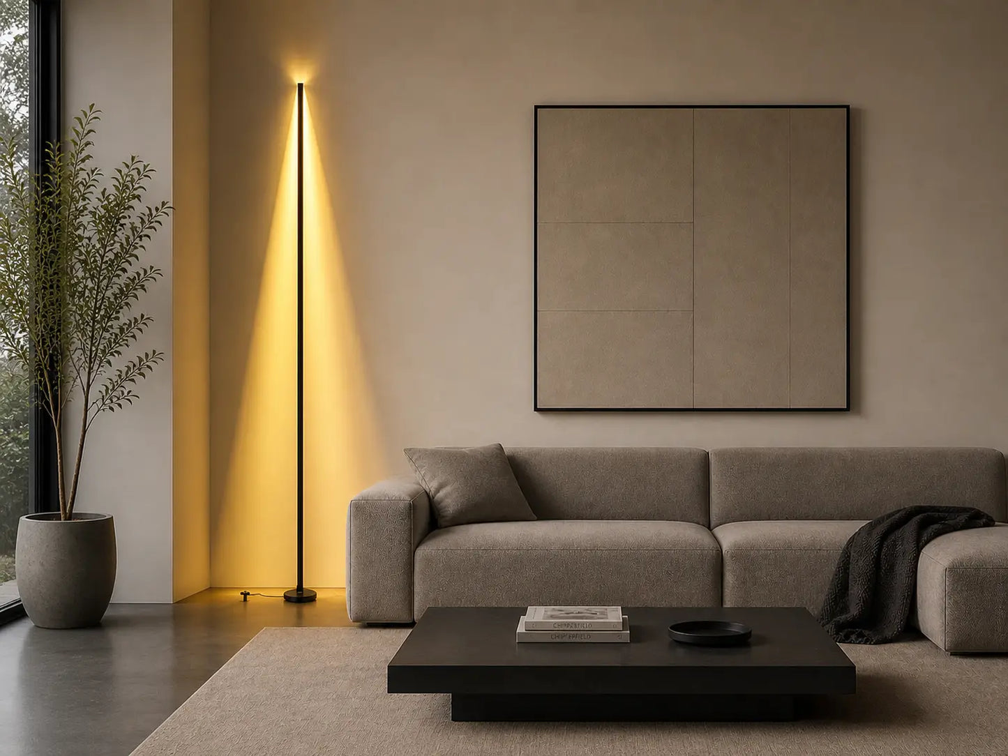 Gica 195 floor lamp in a minimalist modern living room, casting a warm indirect light on the wall beside a neutral sofa and contemporary artwork.