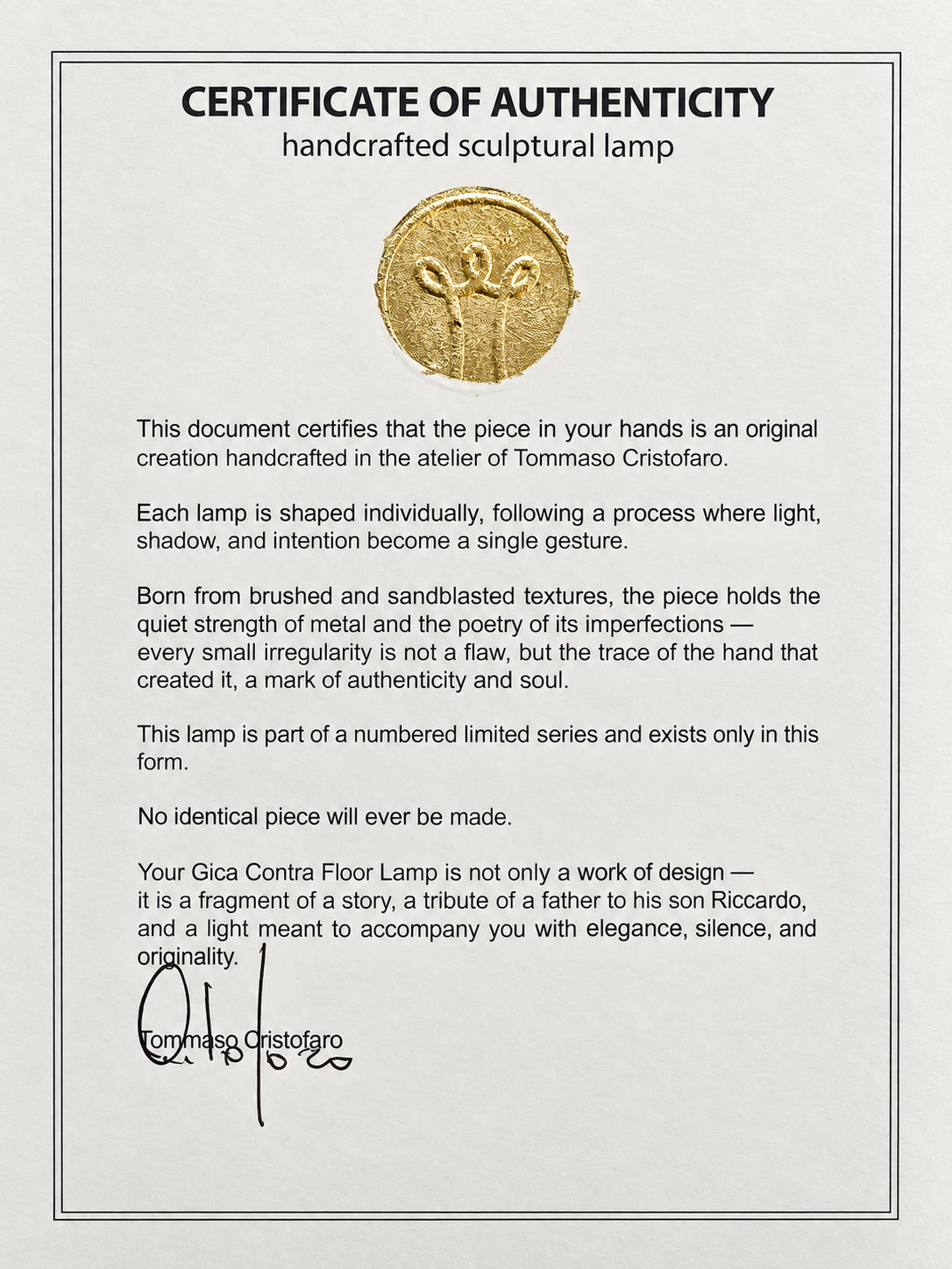 CristofaroLuce certificate of authenticity - front
