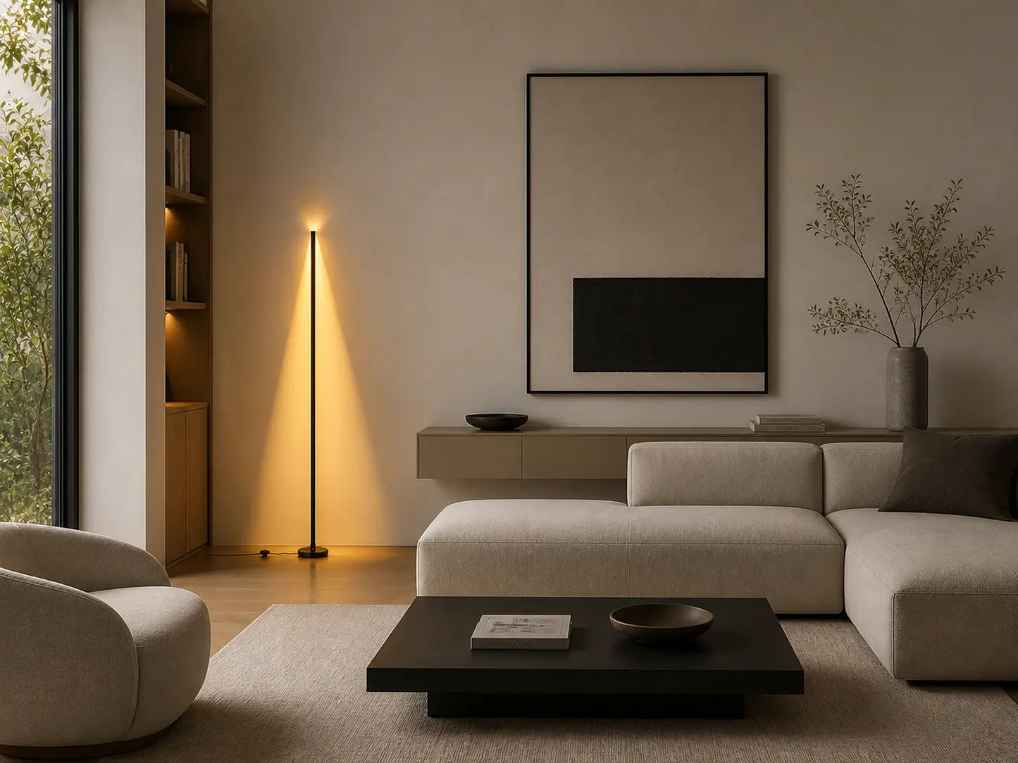 Gica floor lamp in a minimalist modern living room, casting a warm indirect light beside a low sofa, contemporary artwork, and natural wood shelving.