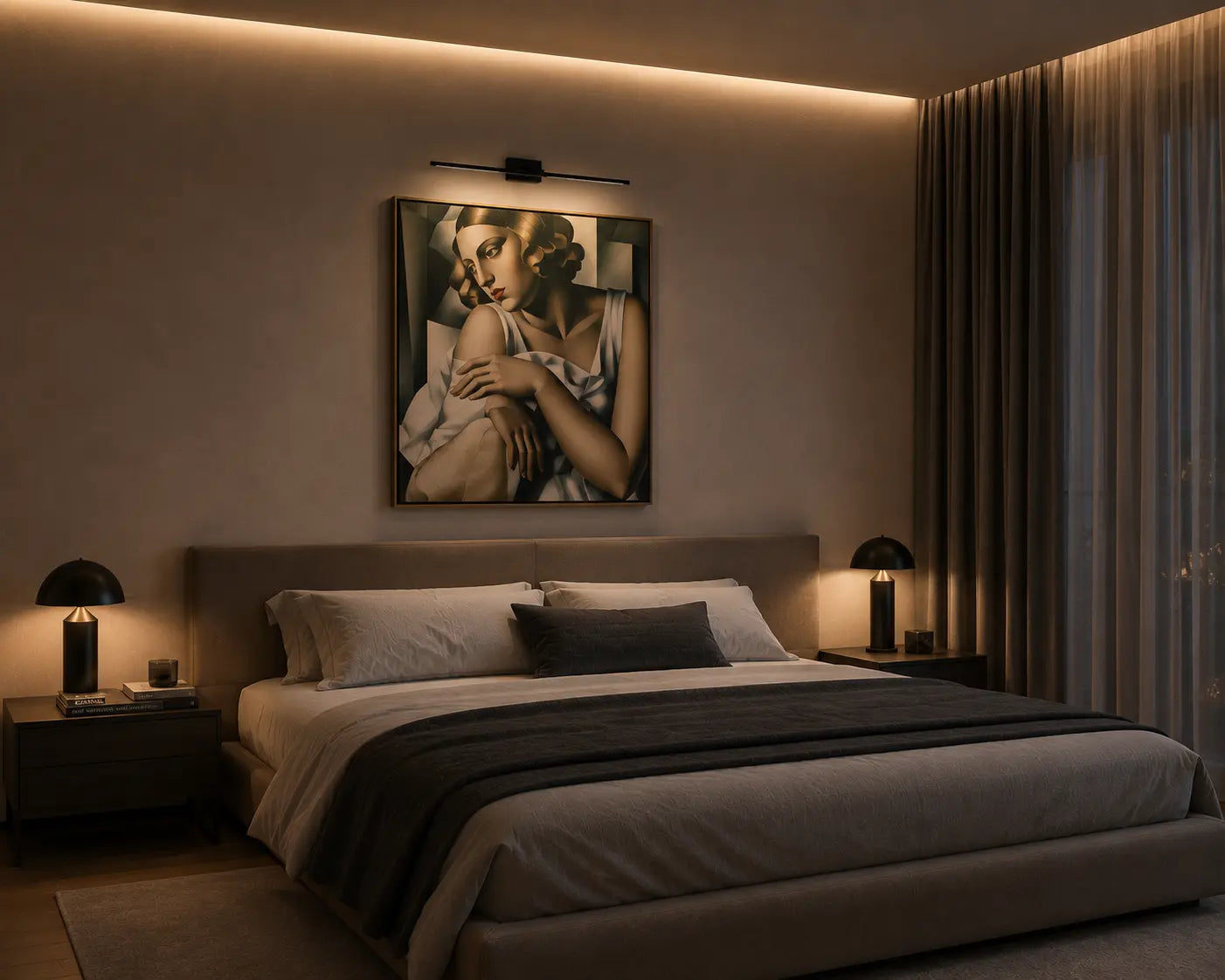 Quadro Wall Lamp by Tommaso Cristofaro, black minimalist wall lamp for illuminating paintings, shown on a neutral gray background with subtle shadows and clean catalog-style composition.