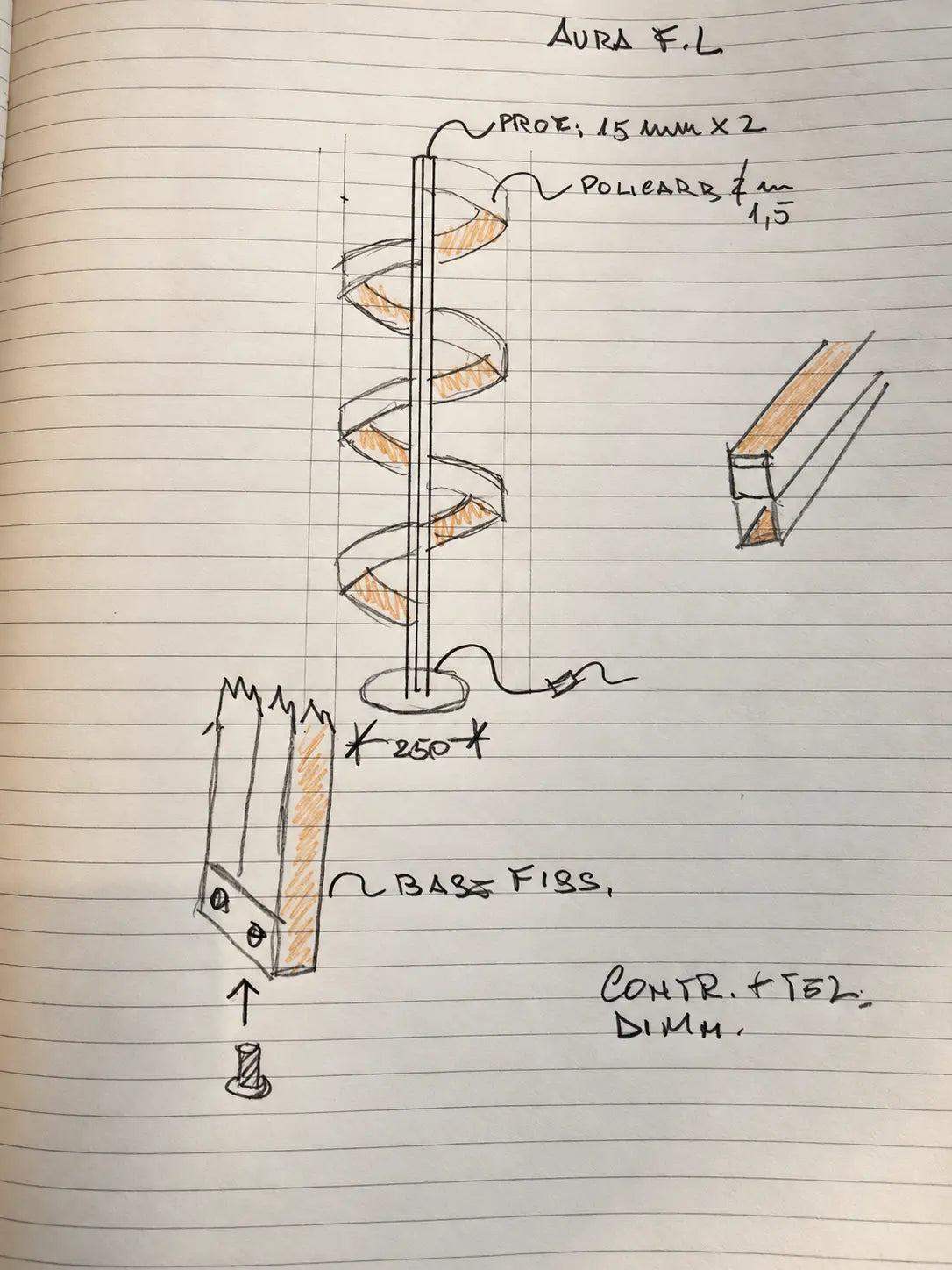 Original notebook sketch of the Aura Floor Lamp by Tommaso Cristofaro