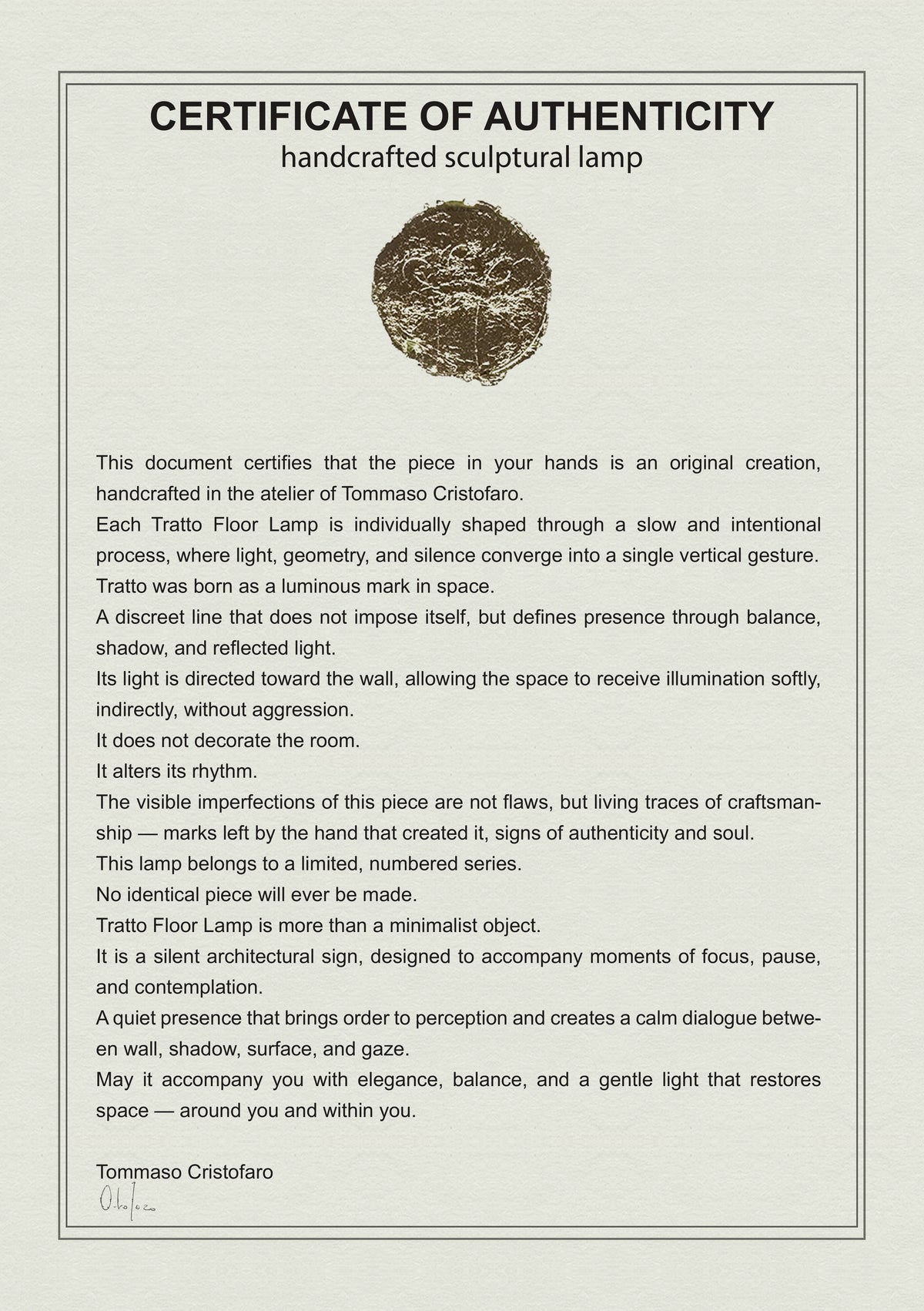 CristofaroLuce certificate of authenticity - front
