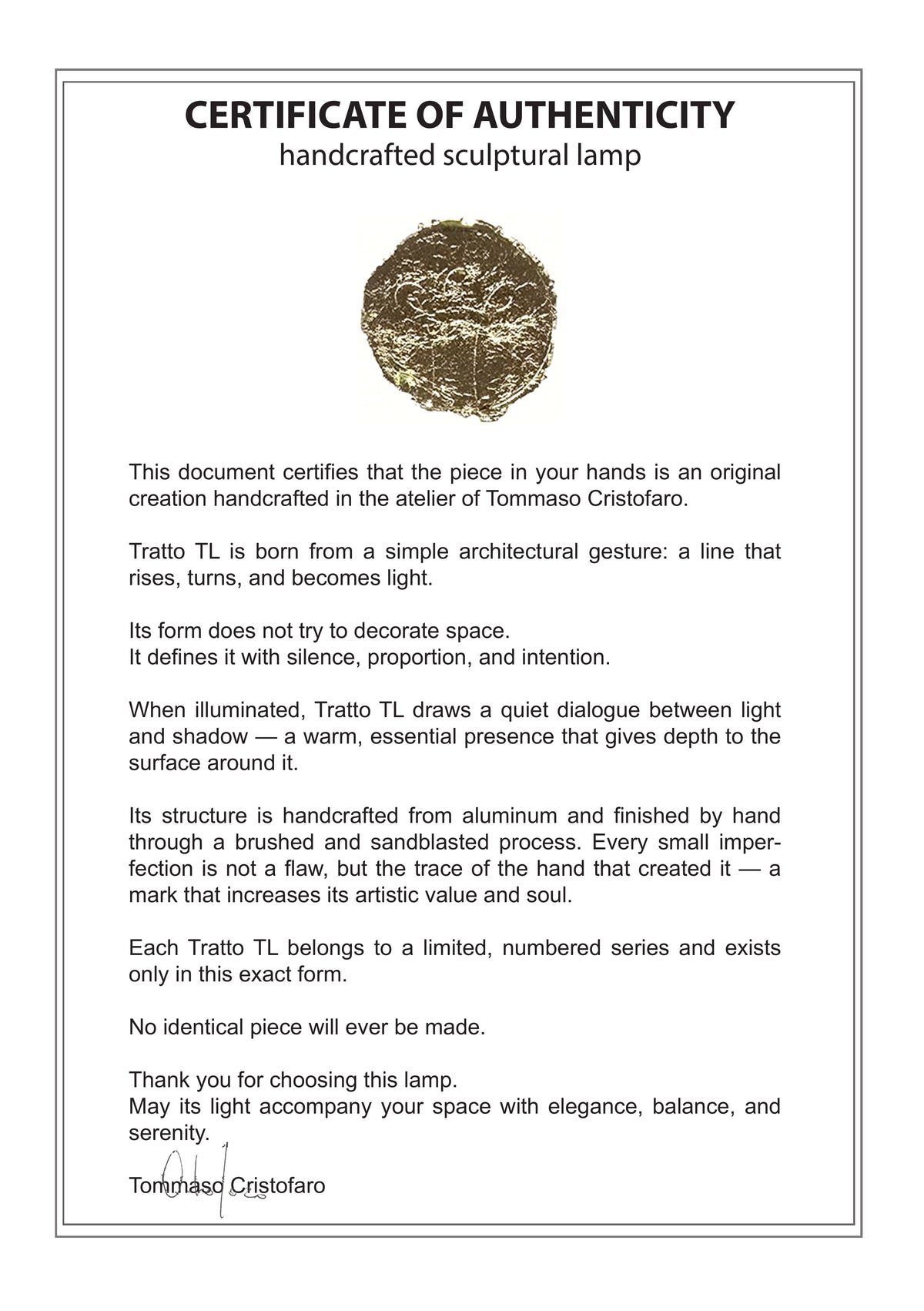 CristofaroLuce certificate of authenticity - front