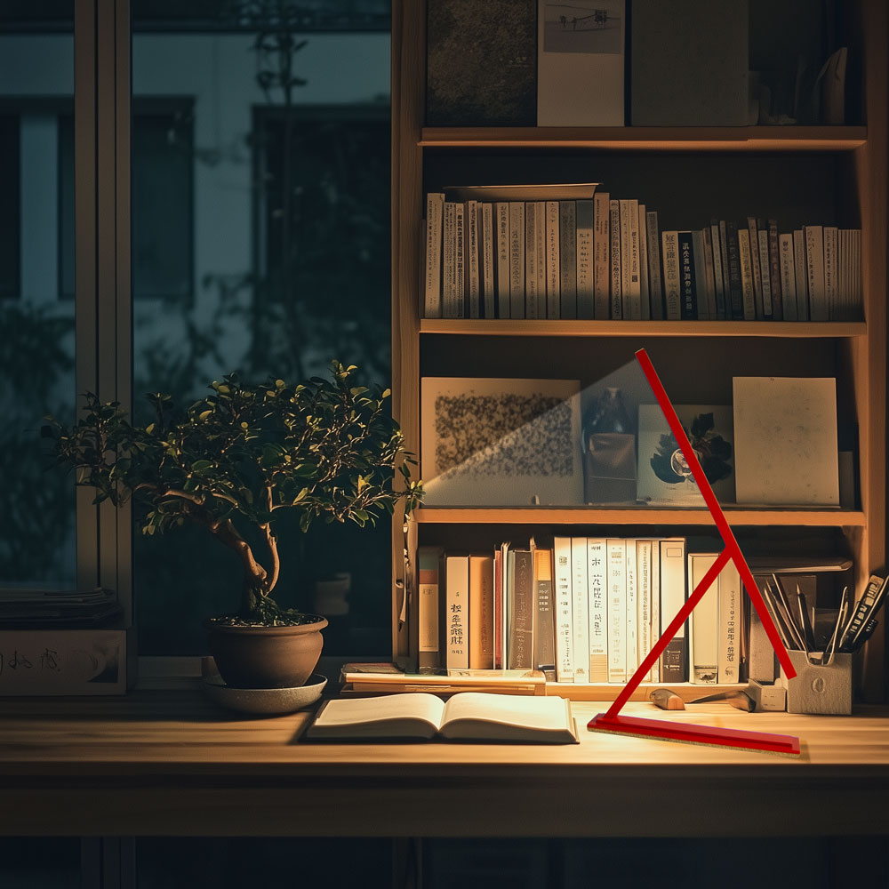 Achille Table Lamp in Red – Minimalist handmade desk light with indirect wall glow, designed by Tommaso Cristofaro.
